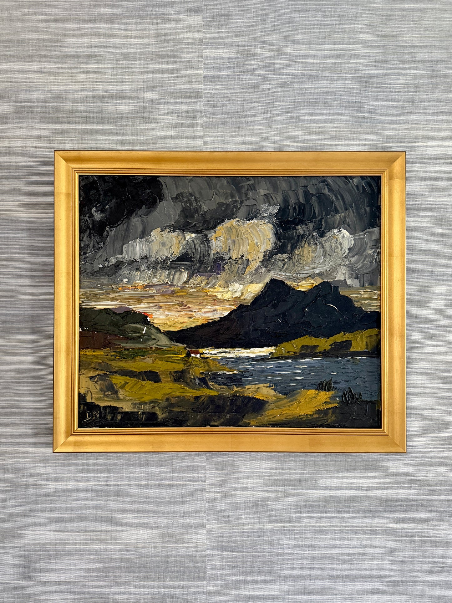 Moody Impasto Stormy Coastal Scottish Loch Mountain Landscape Oil Painting in Gold Frame