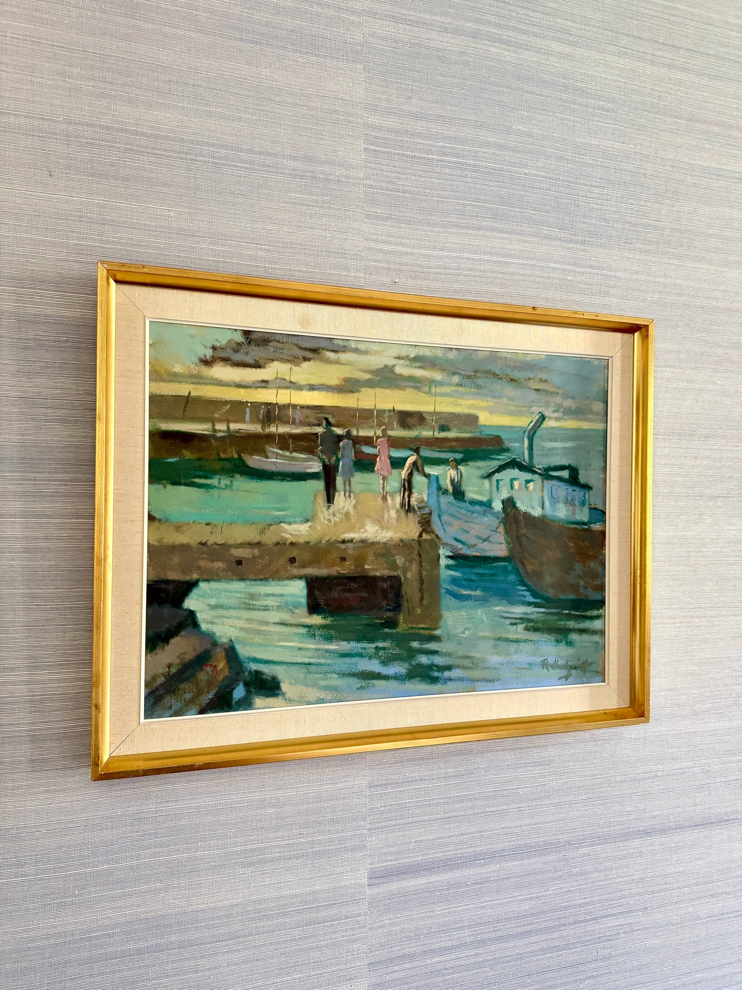 Mid Century Girls at the Harbor Boats at Sunset Oil Painting in Gold Frame