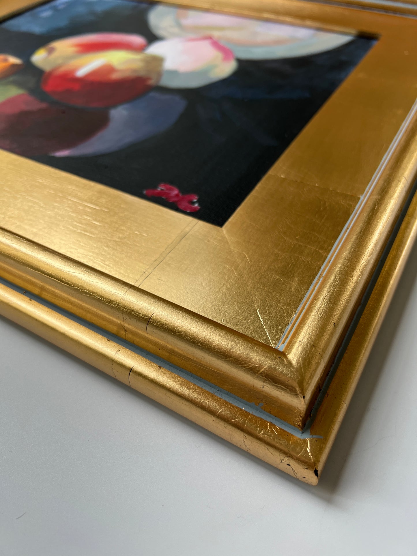 Colorful Fruit Still Life Painting on Navy in Gold Frame