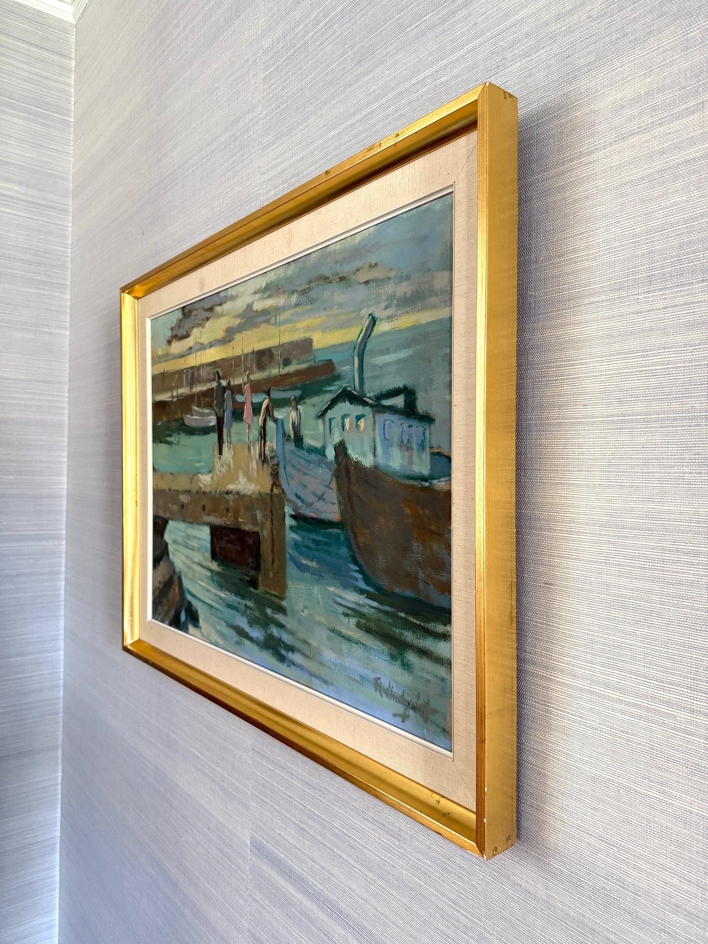 Mid Century Girls at the Harbor Boats at Sunset Oil Painting in Gold Frame