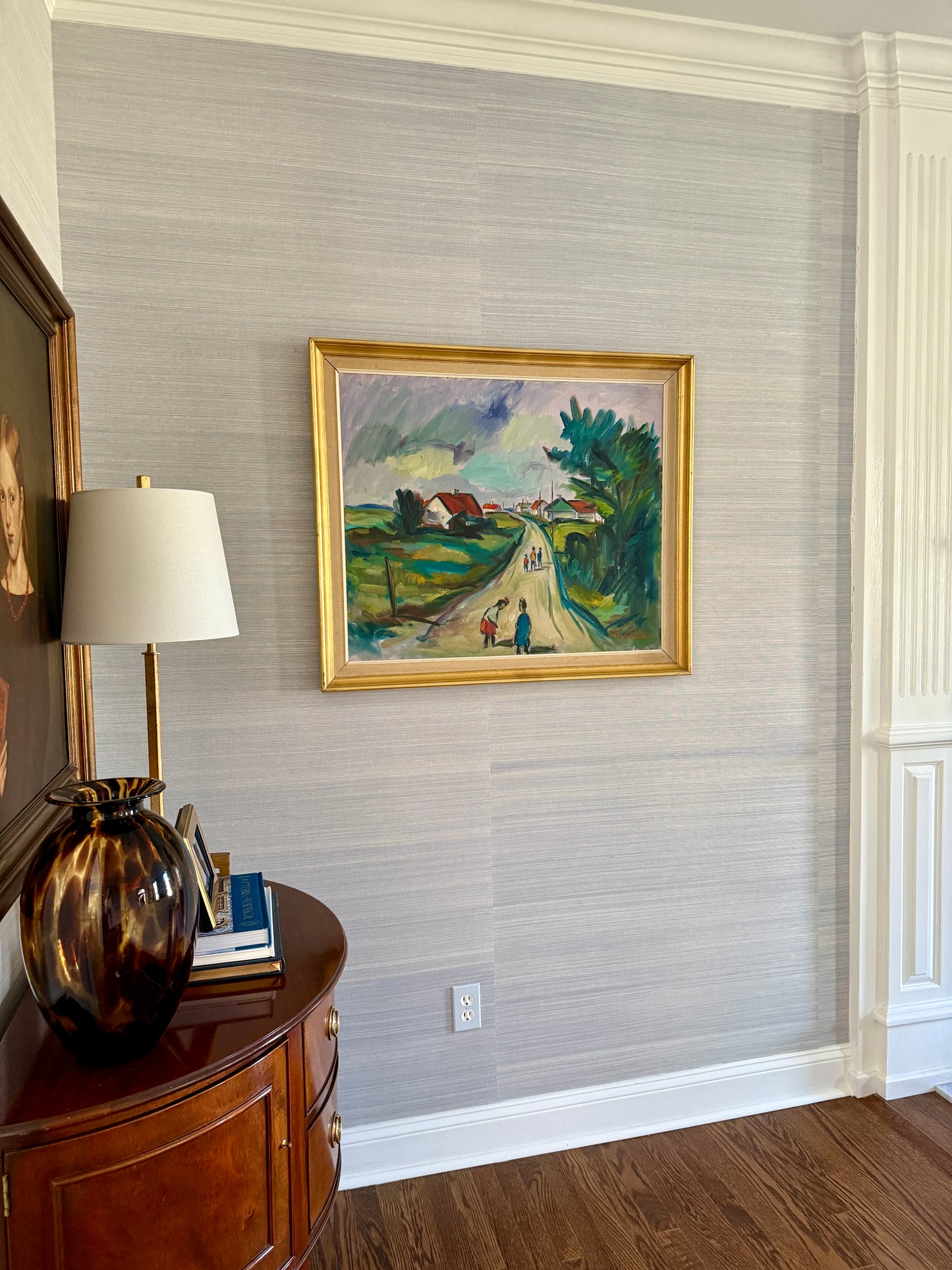 Mid Century Expressionist Walk from School Colorful Landscape Oil Painting in Gold Frame