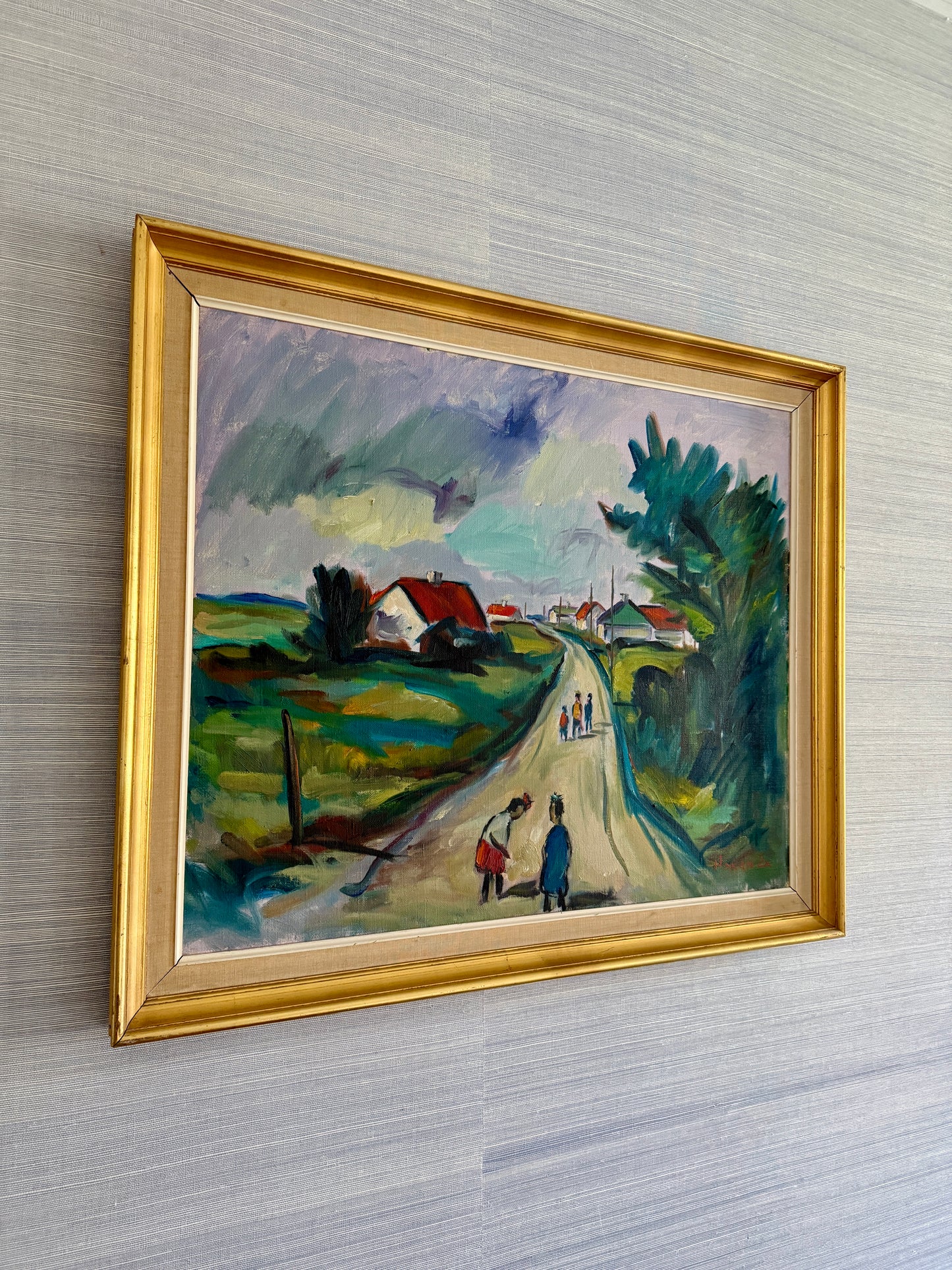 Mid Century Expressionist Walk from School Colorful Landscape Oil Painting in Gold Frame