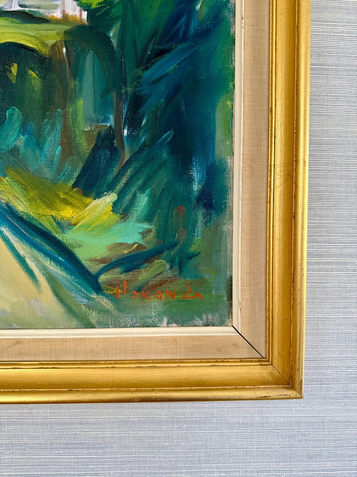 Mid Century Expressionist Walk from School Colorful Landscape Oil Painting in Gold Frame