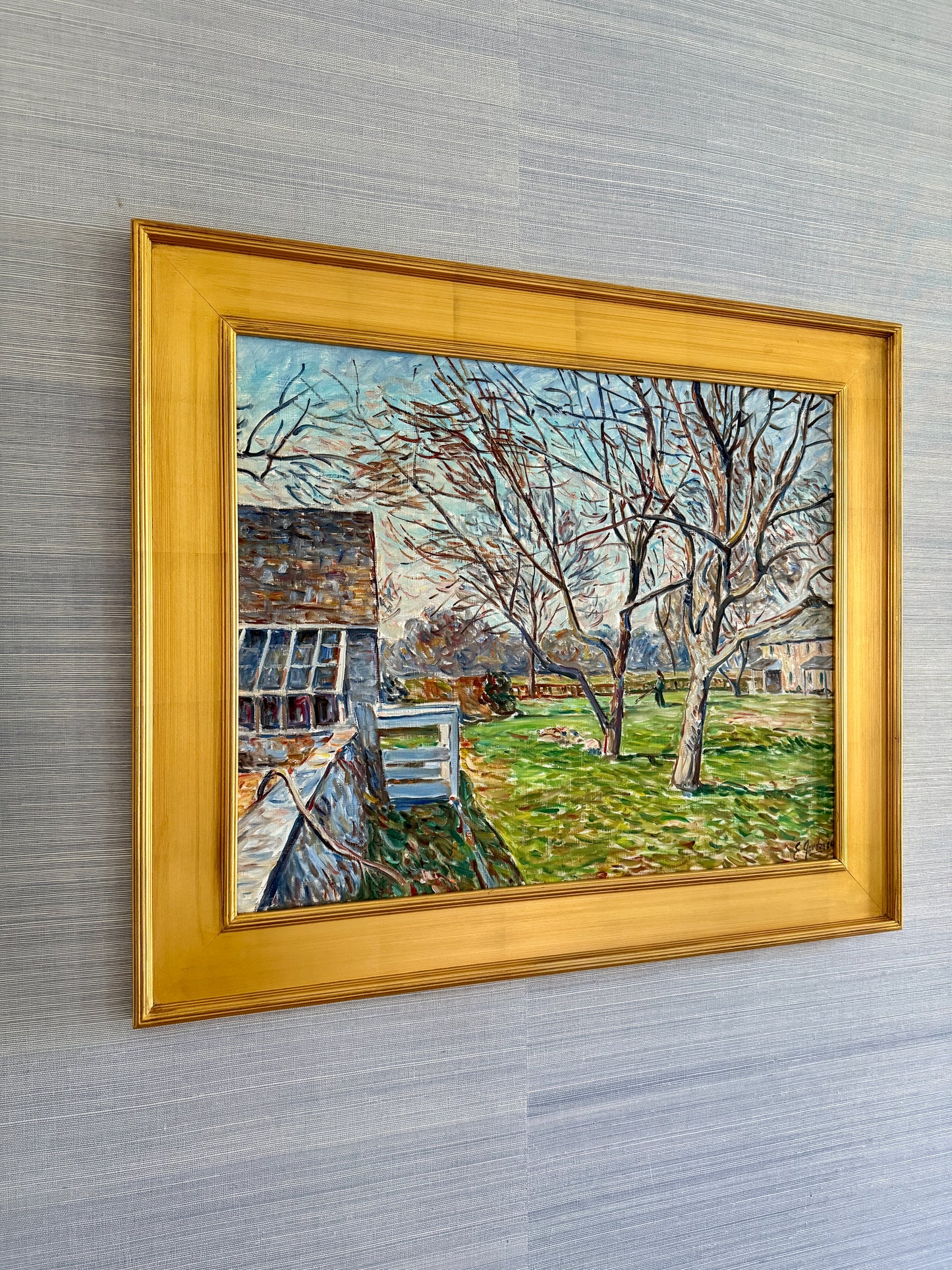 Edmund Jordan March Landscape at Hope Lodge Montgomery County Pennsylvania Oil Painting in Gold Frame
