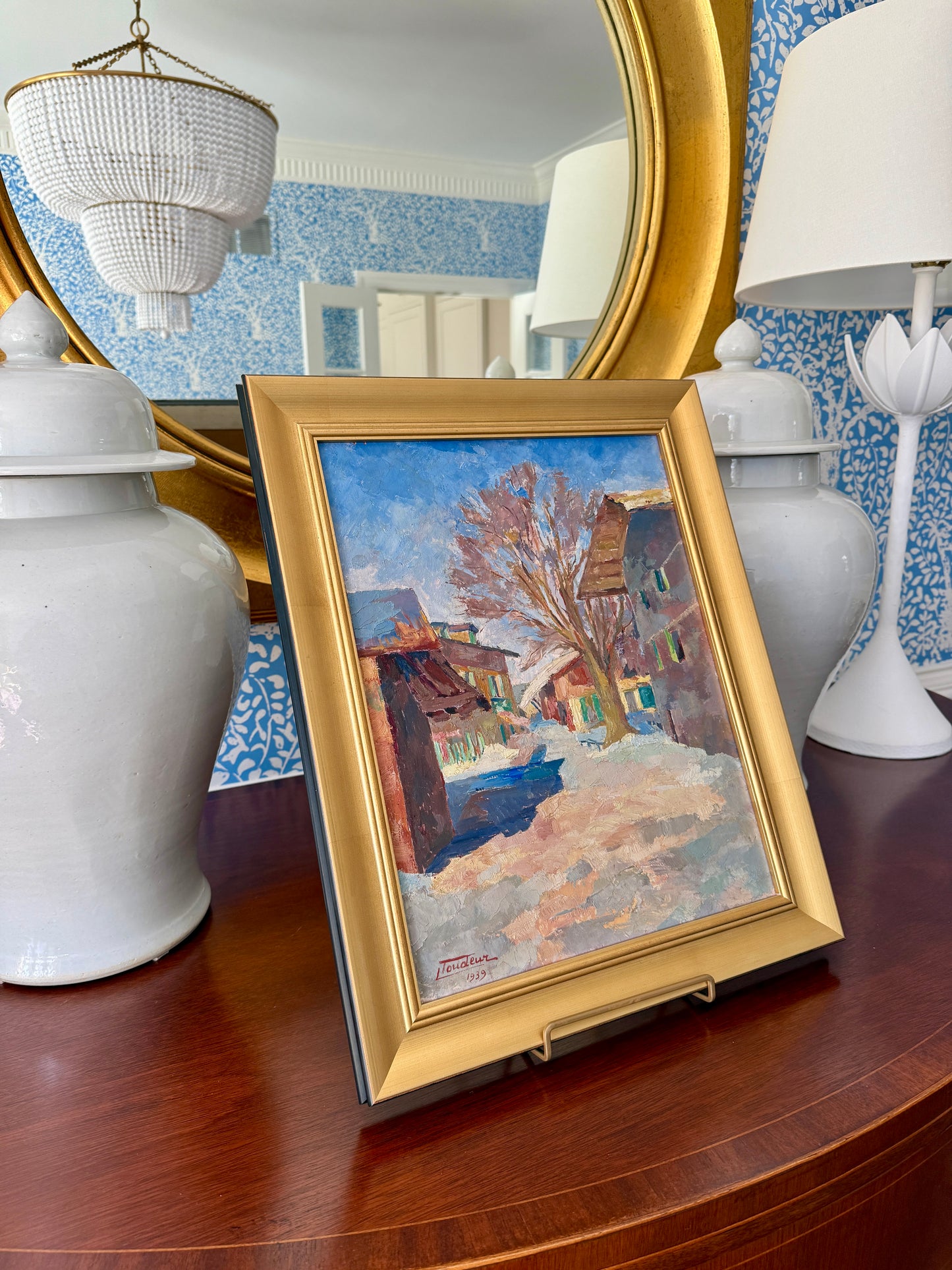 1939 Colorful French Townscape Oil Painting in Gold Frame
