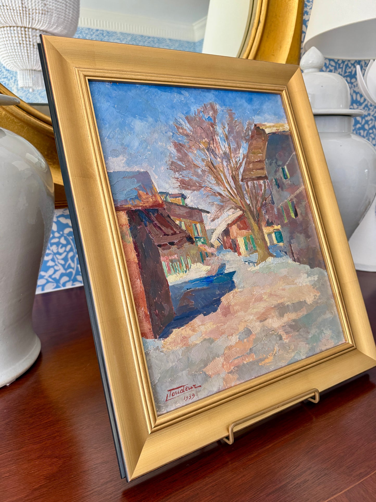 1939 Colorful French Townscape Oil Painting in Gold Frame