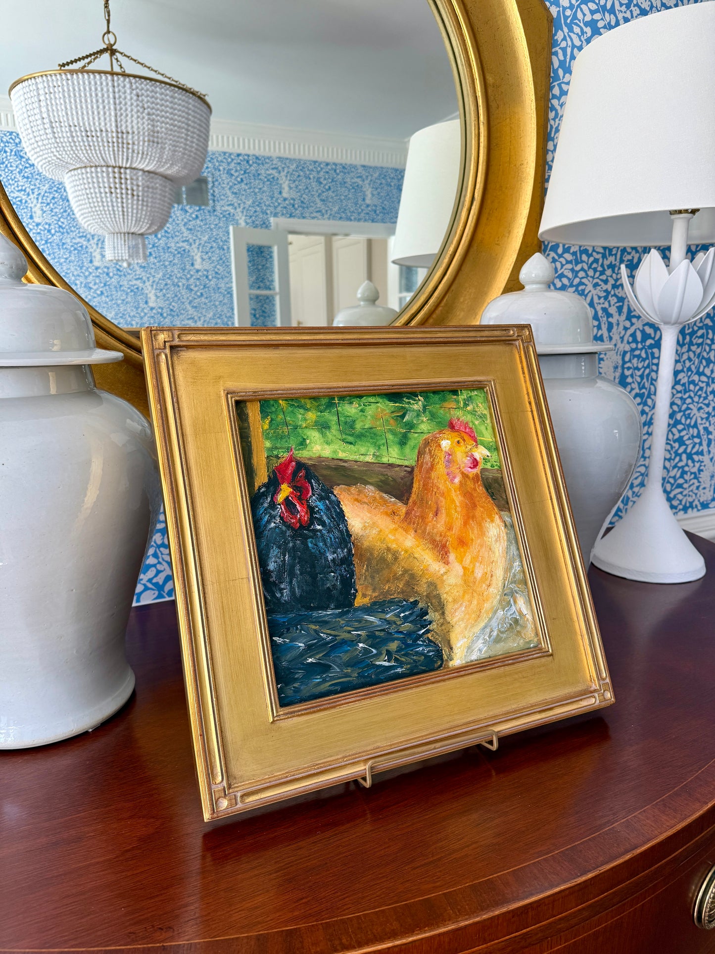 Spring Chickens Oil Painting in Gold Frame