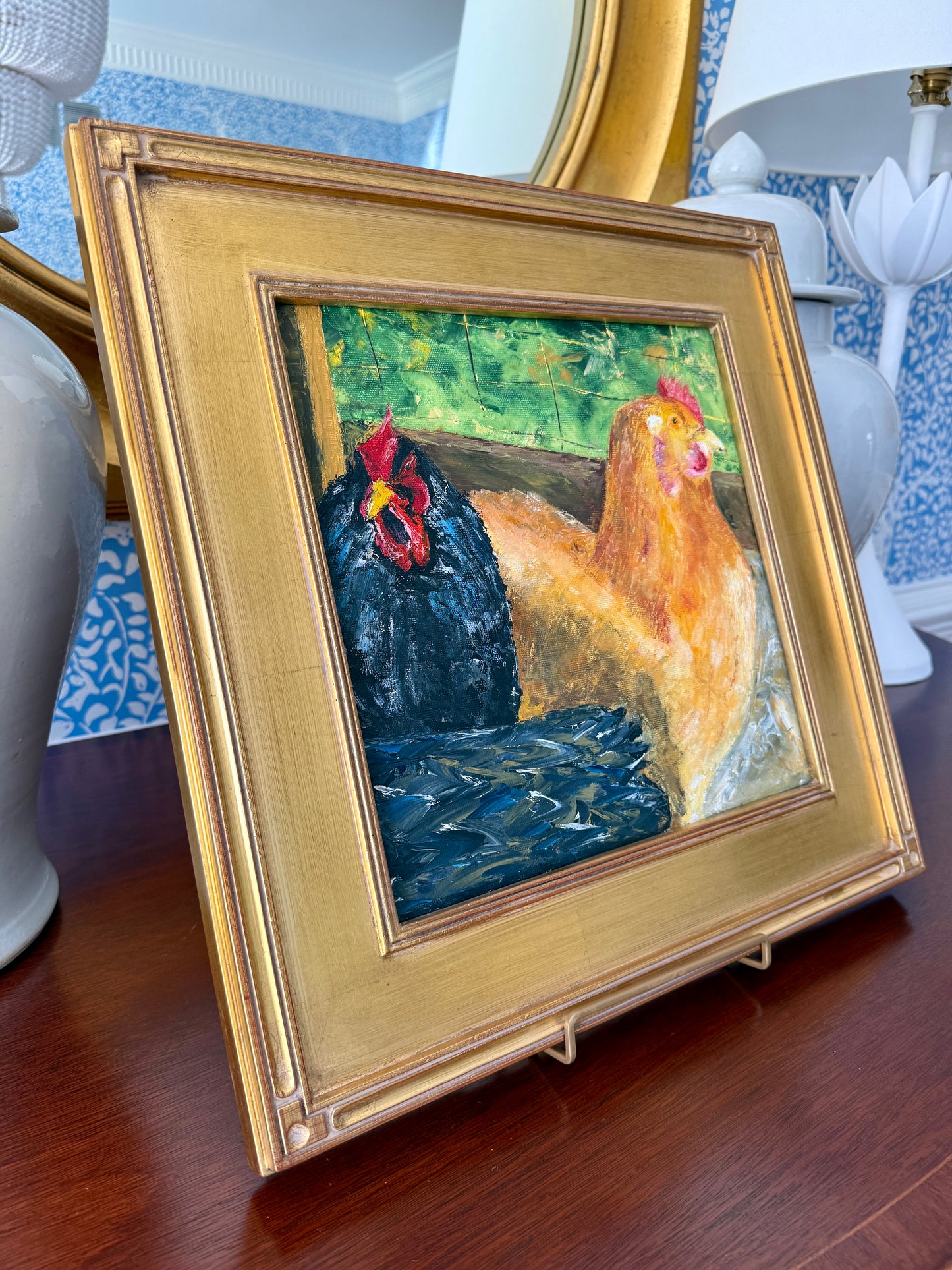 Spring Chickens Oil Painting in Gold Frame