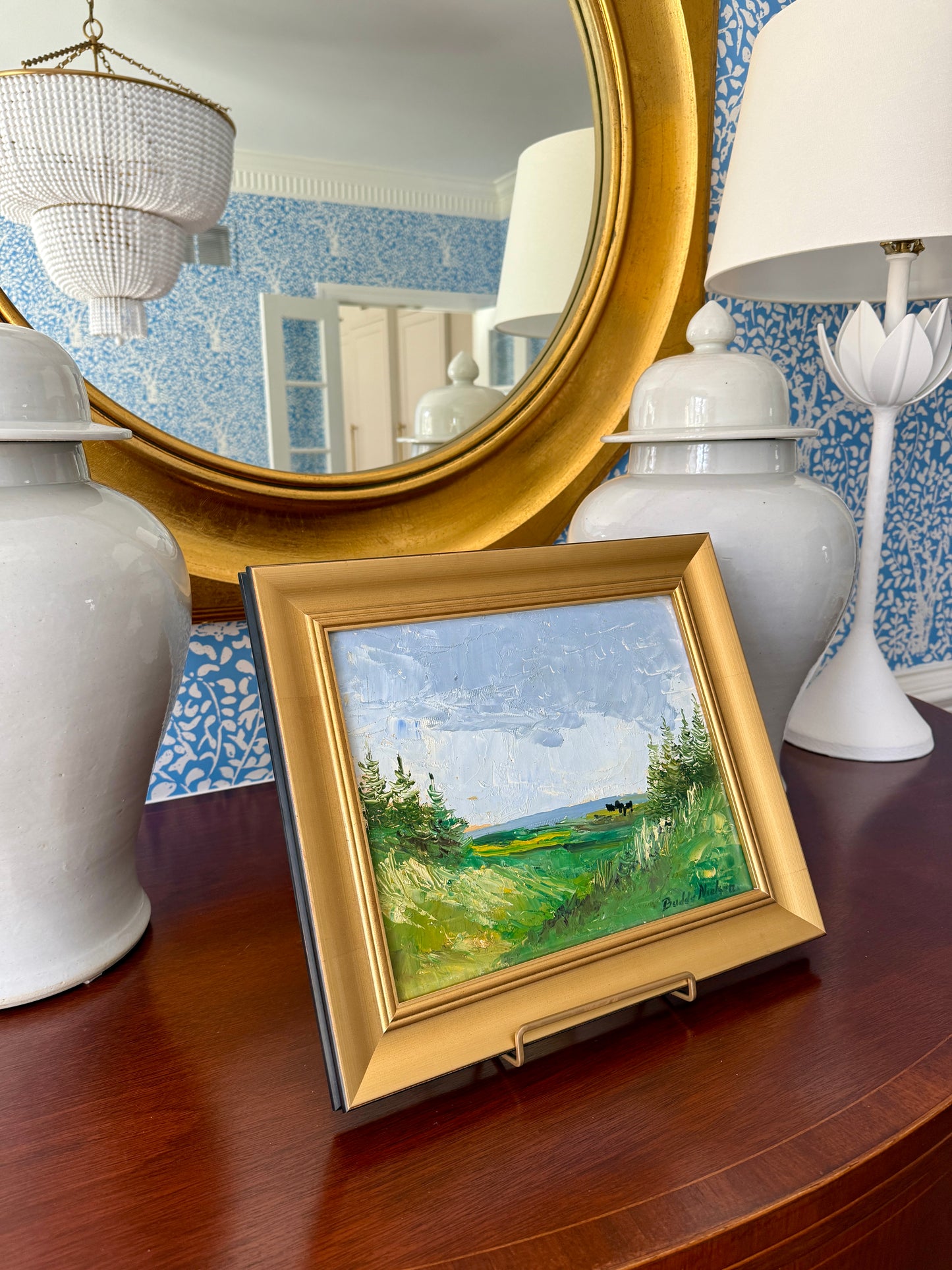 Vintage Expressionist Blue Green Landscape with Cows in Gold Frames