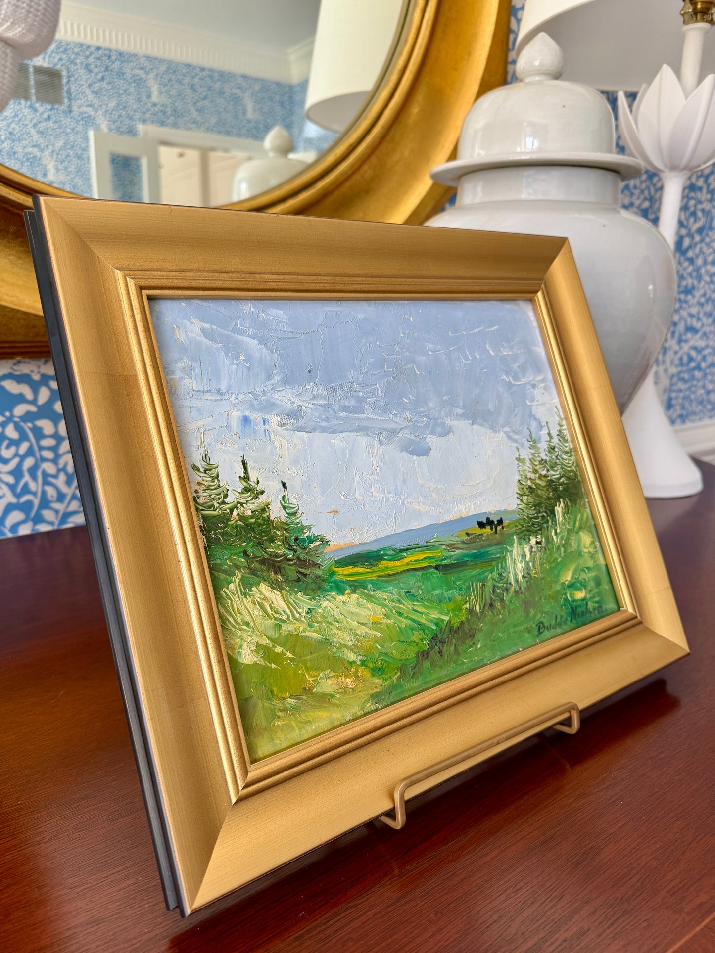 Vintage Expressionist Blue Green Landscape with Cows in Gold Frames