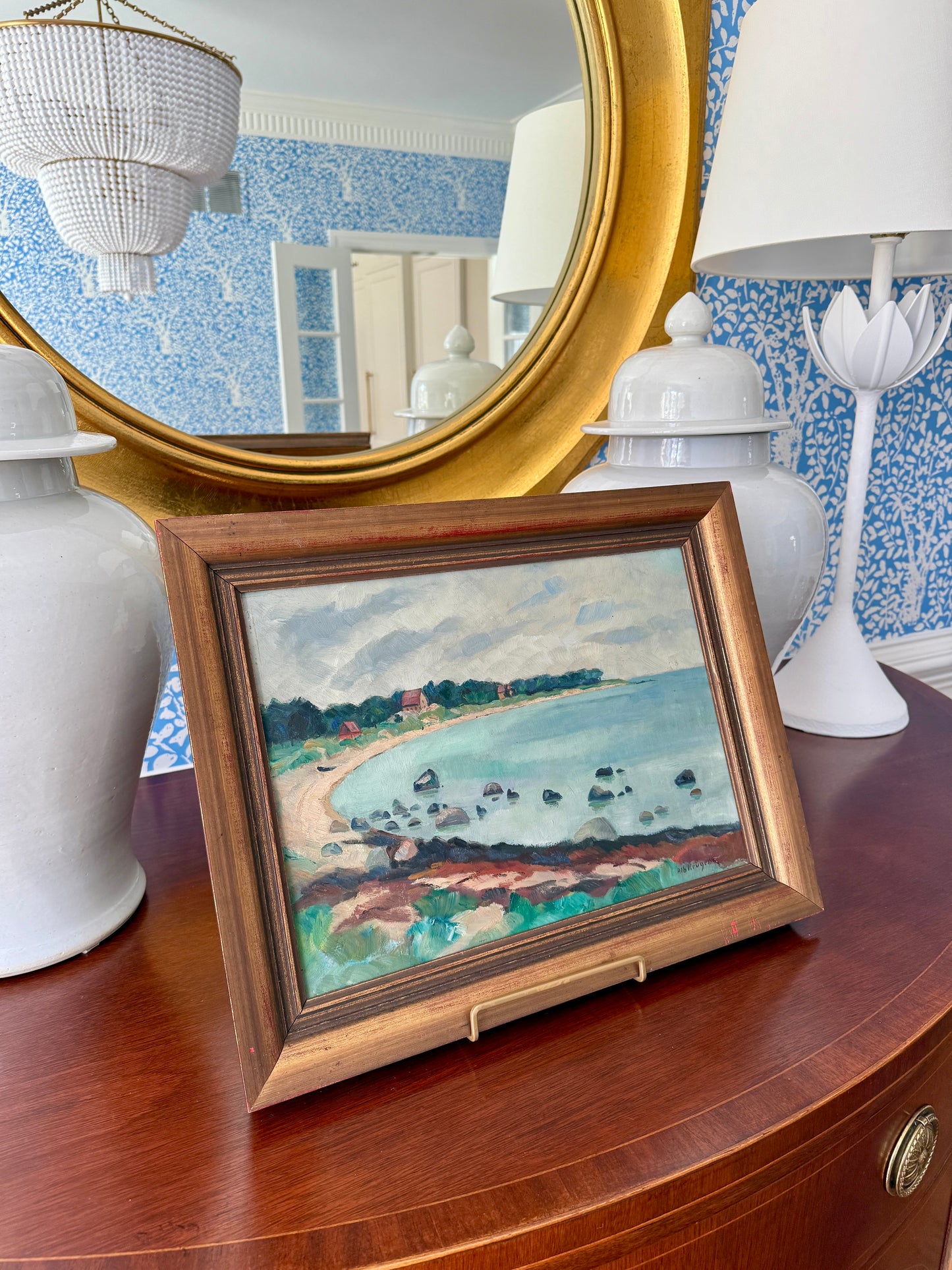 1927 Albert Kruger Coastal Beach Cove Landscape Oil Painting in Dark Gold Frame