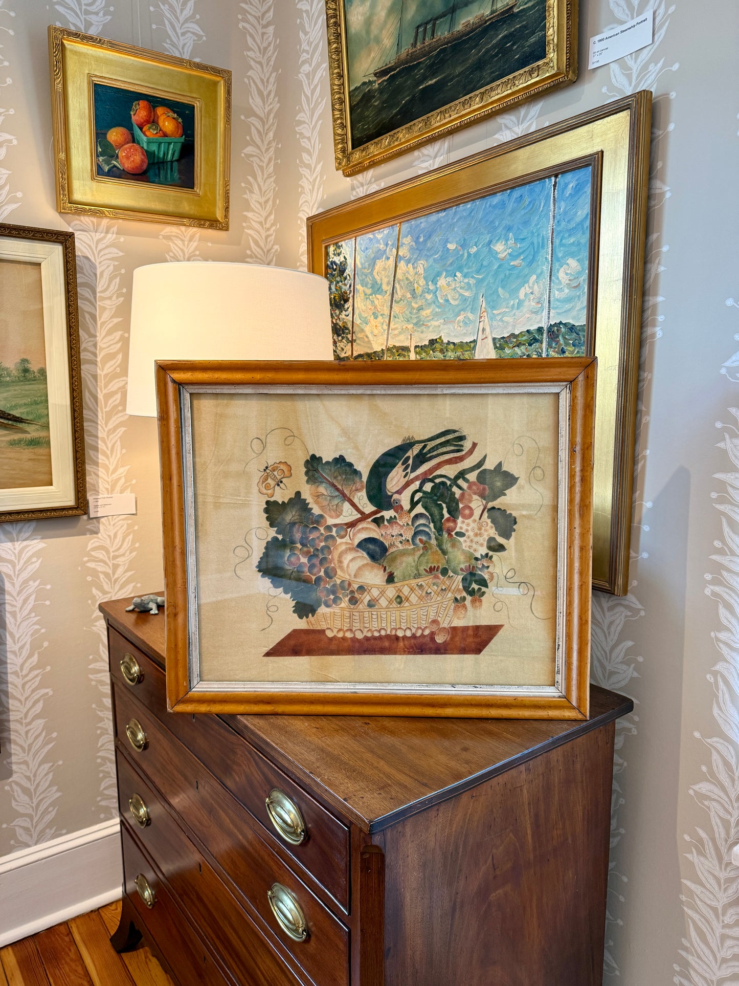 20th Century Oil on Velvet Theorem in Birdsye Maple Frame