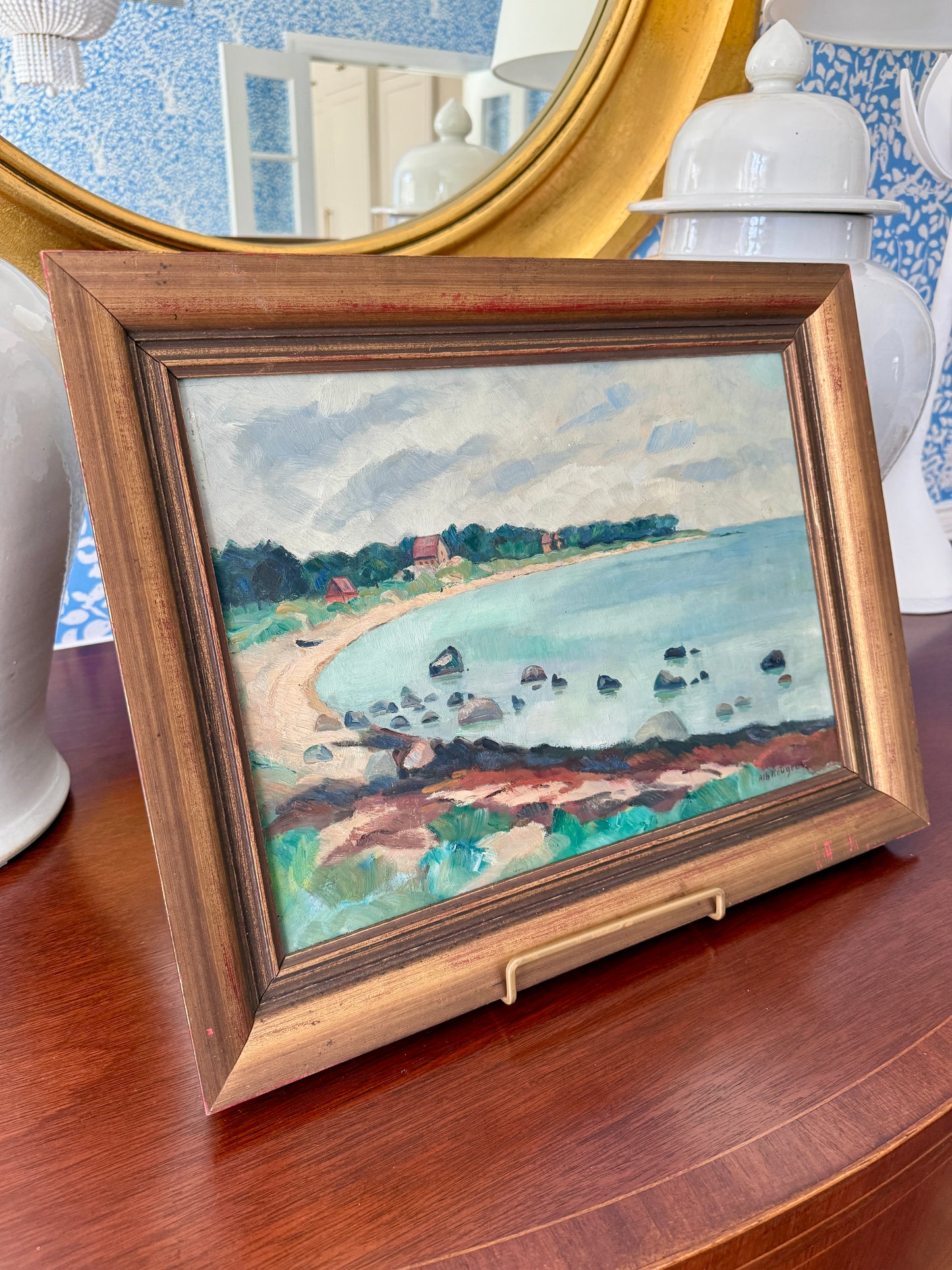 1927 Albert Kruger Coastal Beach Cove Landscape Oil Painting in Dark Gold Frame