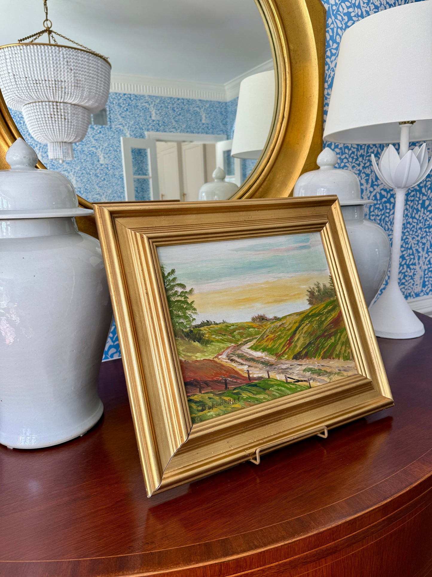 Vintage Country Landscape Sunset Oil Painting in Gold Frame