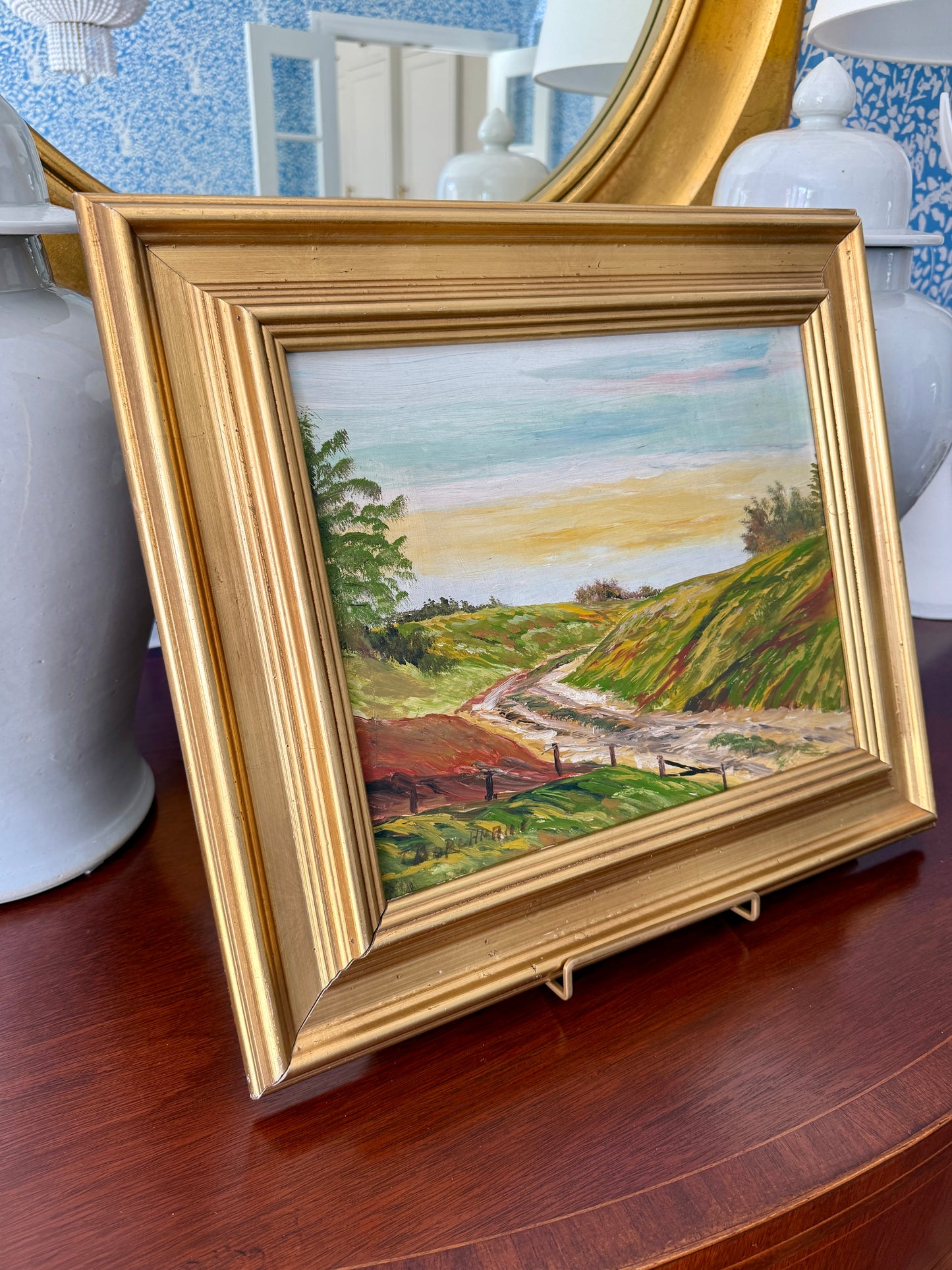 Vintage Country Landscape Sunset Oil Painting in Gold Frame