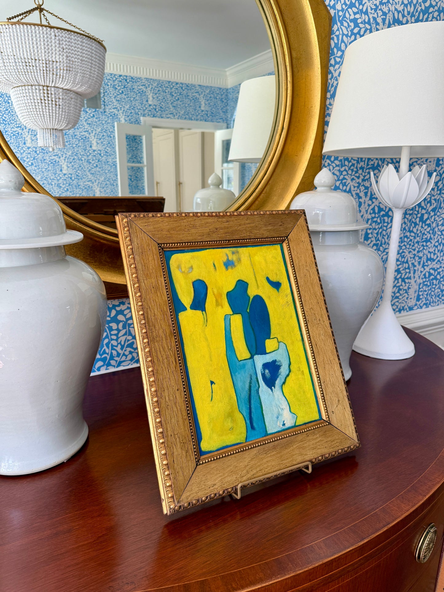 1975 Blue and Yellow Figural Couple Abstract Oil Painting in Gold Frame