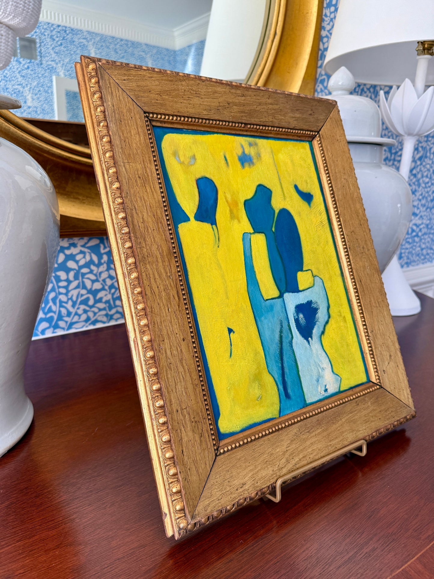 1975 Blue and Yellow Figural Couple Abstract Oil Painting in Gold Frame