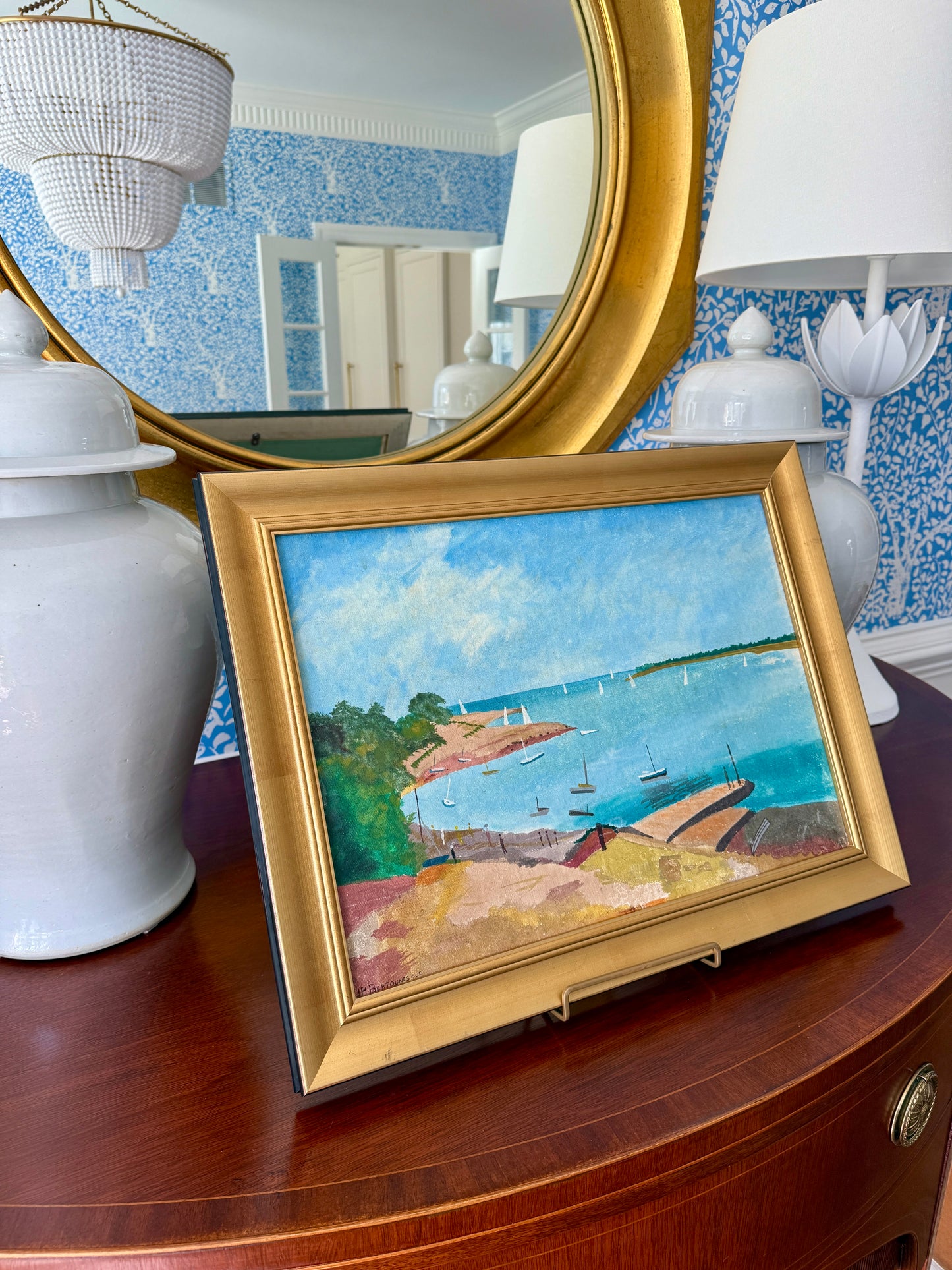 Vintage French Sailboats Coastal Landscape Oil Painting in Gold Frame