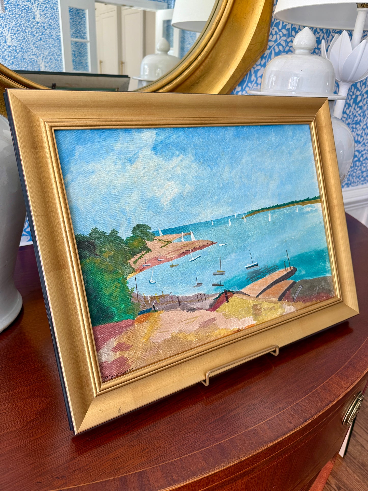 Vintage French Sailboats Coastal Landscape Oil Painting in Gold Frame