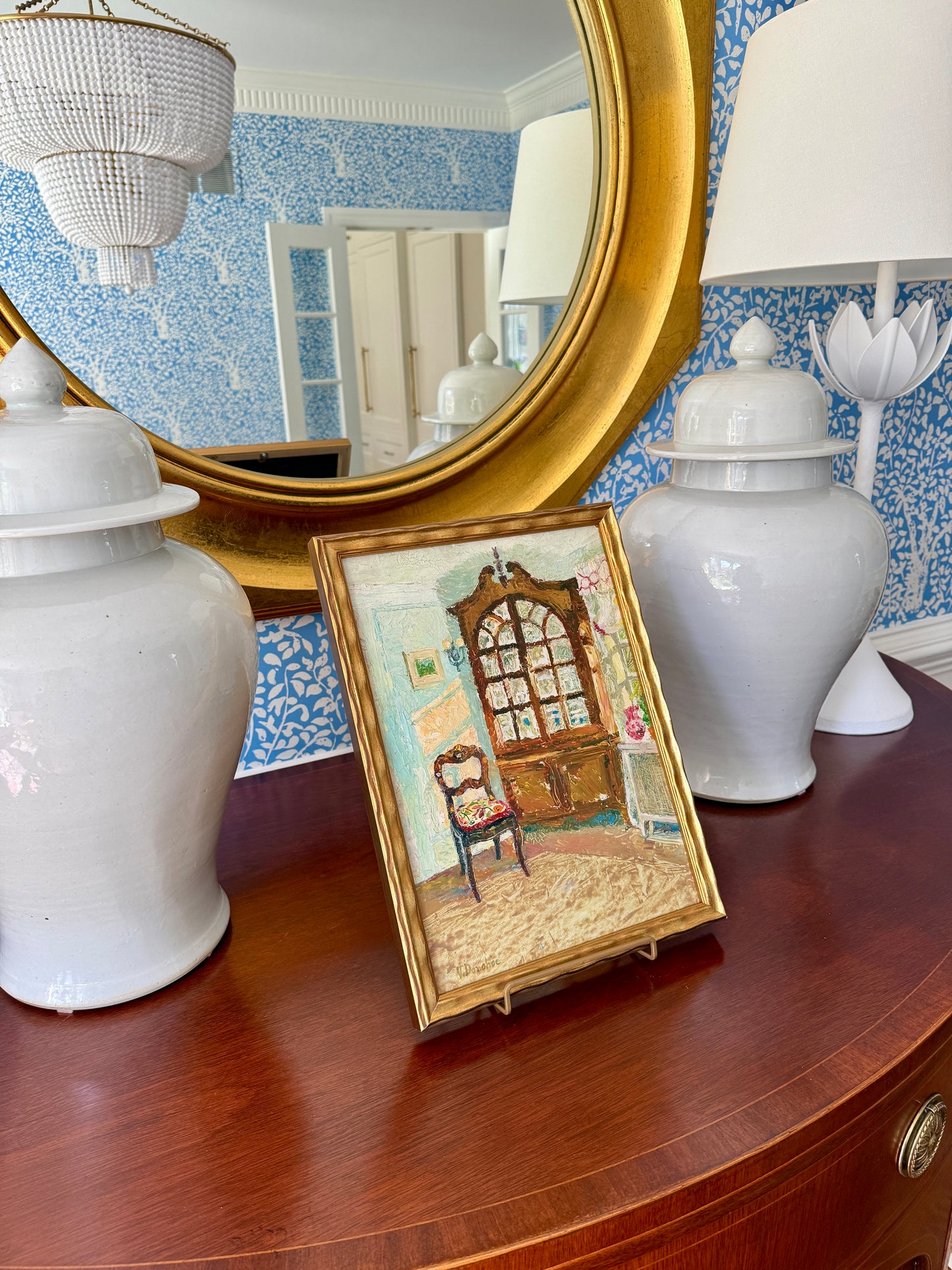Victoria Donohue Corner Cupboard Living Room Interior Oil Painting in Wavy Gold Frame