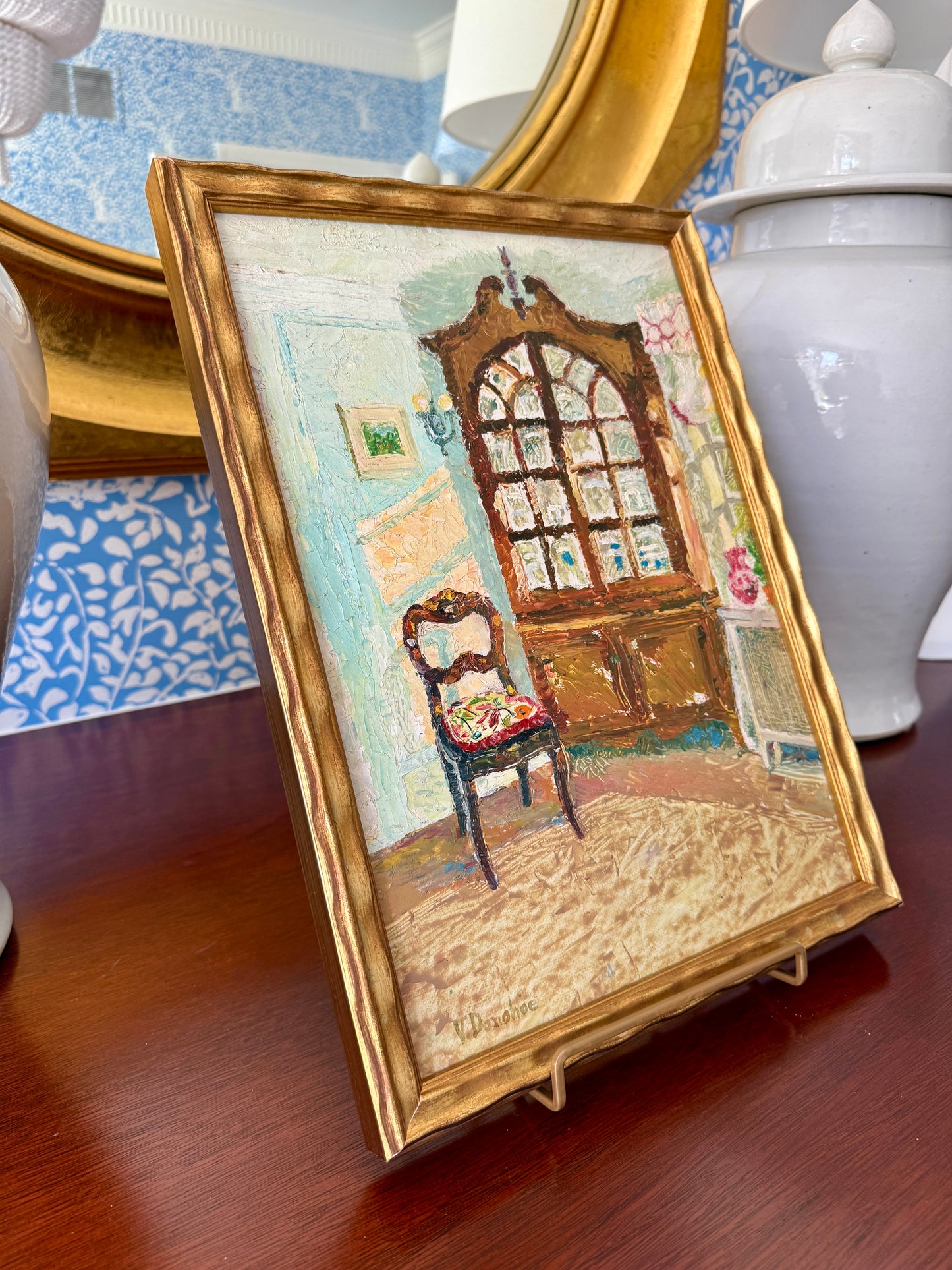 Victoria Donohue Corner Cupboard Living Room Interior Oil Painting in Wavy Gold Frame