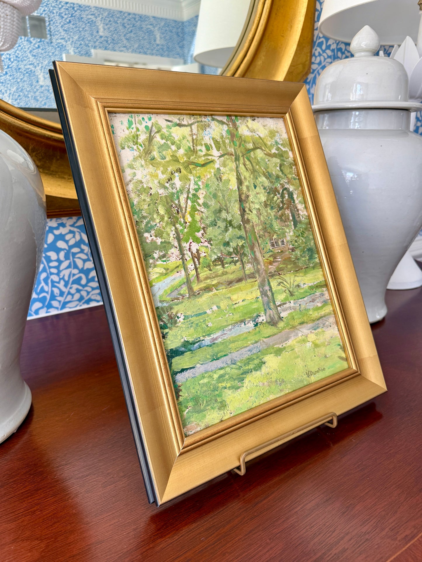 Victoria Donohue Narbrook Park Pennsylvania Landscape and Stone House Oil Painting in Gold Frame