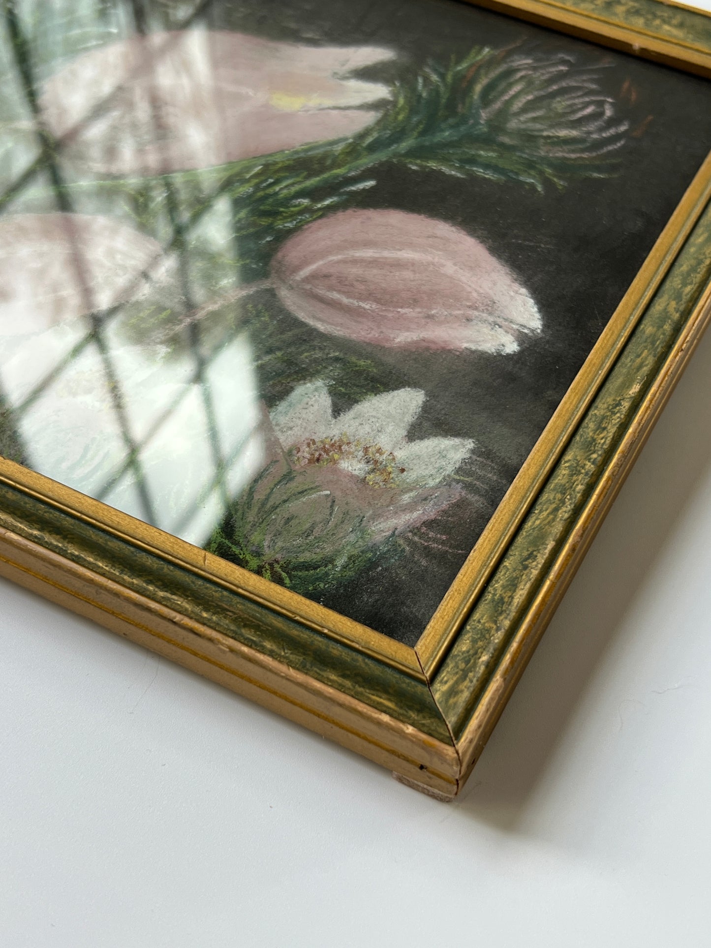 Antique Pink Tulip Garden Landscape in Green and Gold Frame