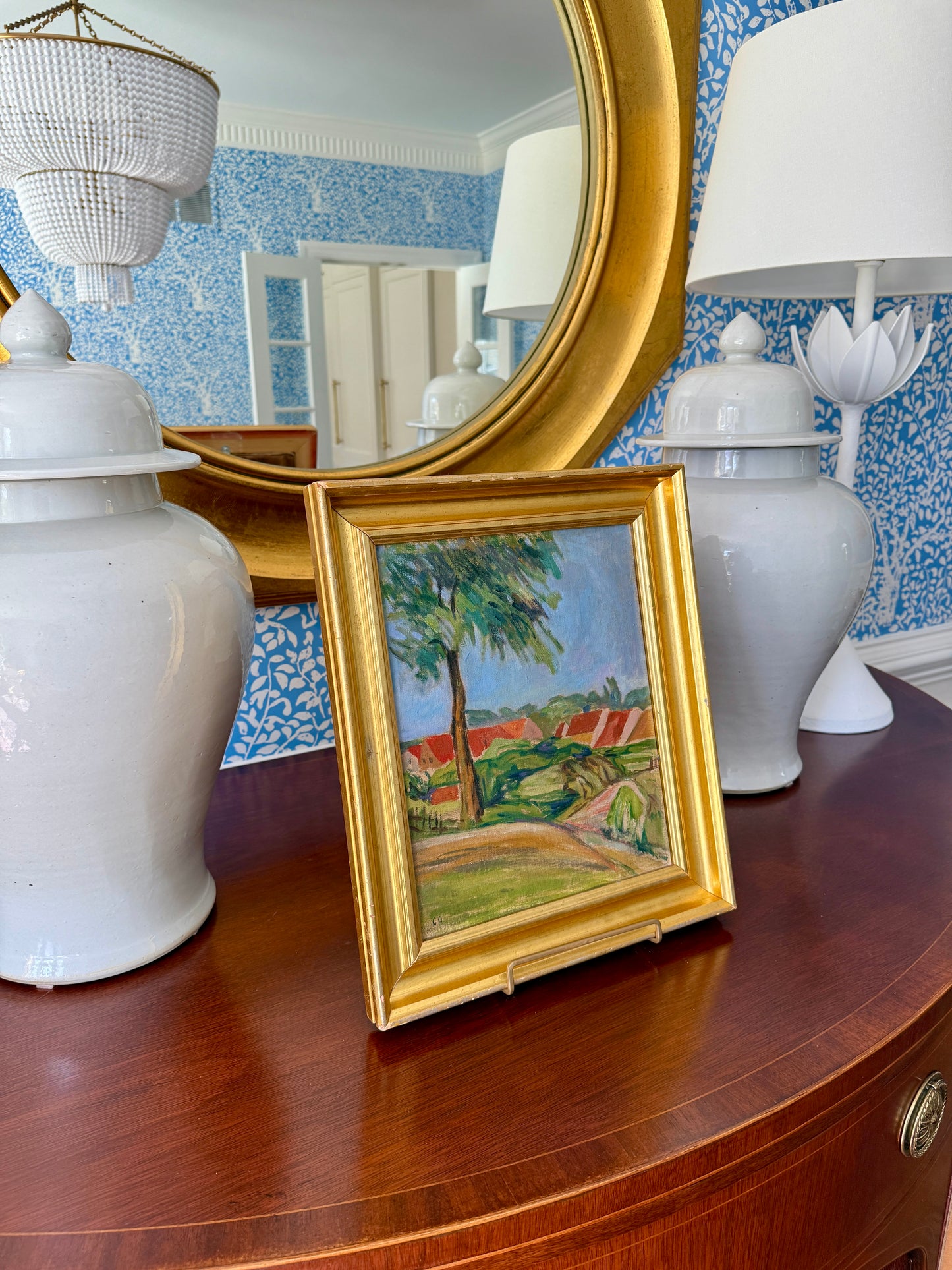 Vintage Red Roofed Houses in Hillside Summer Landscape Oil Painting in Gold Frame