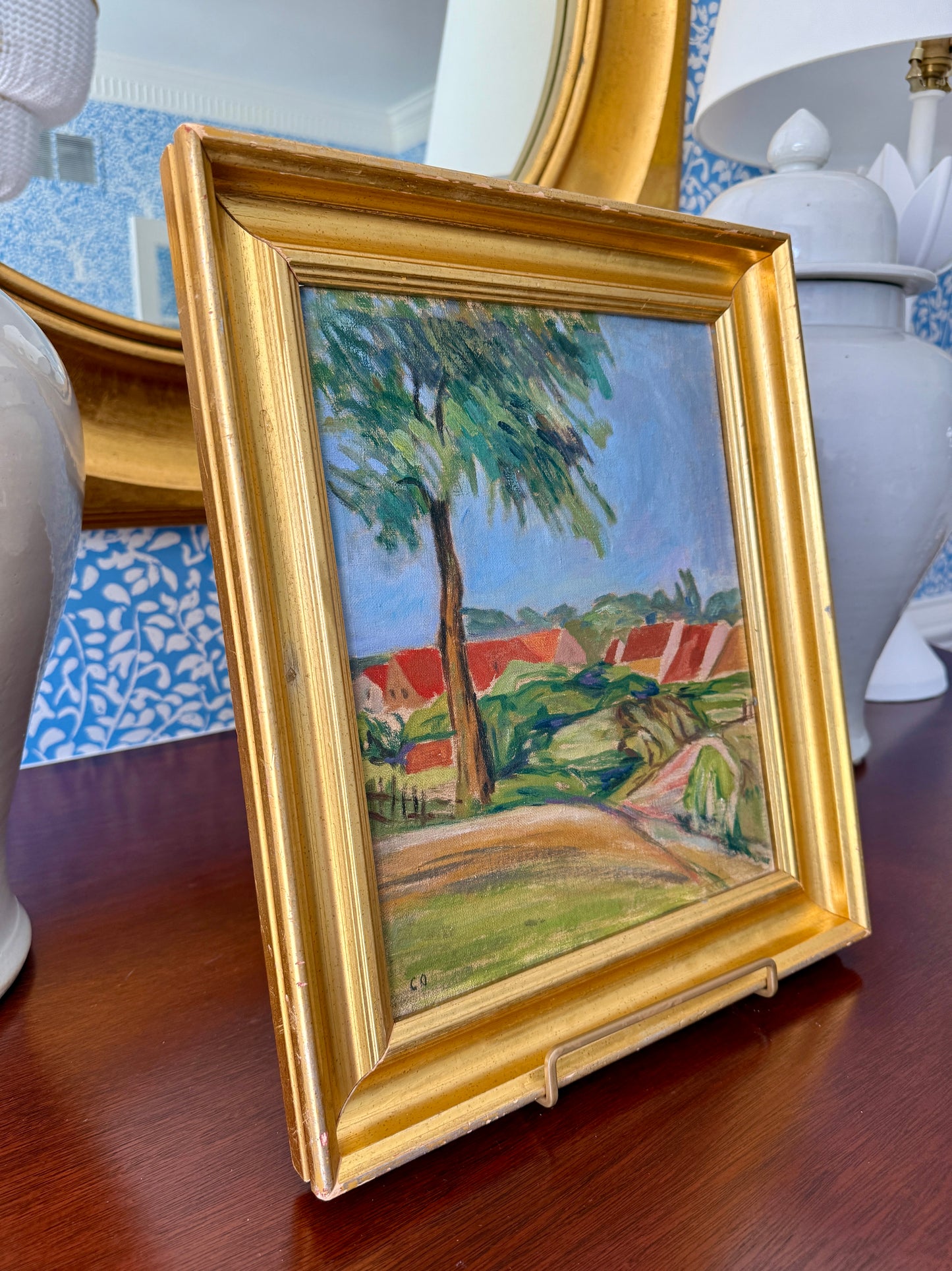 Vintage Red Roofed Houses in Hillside Summer Landscape Oil Painting in Gold Frame