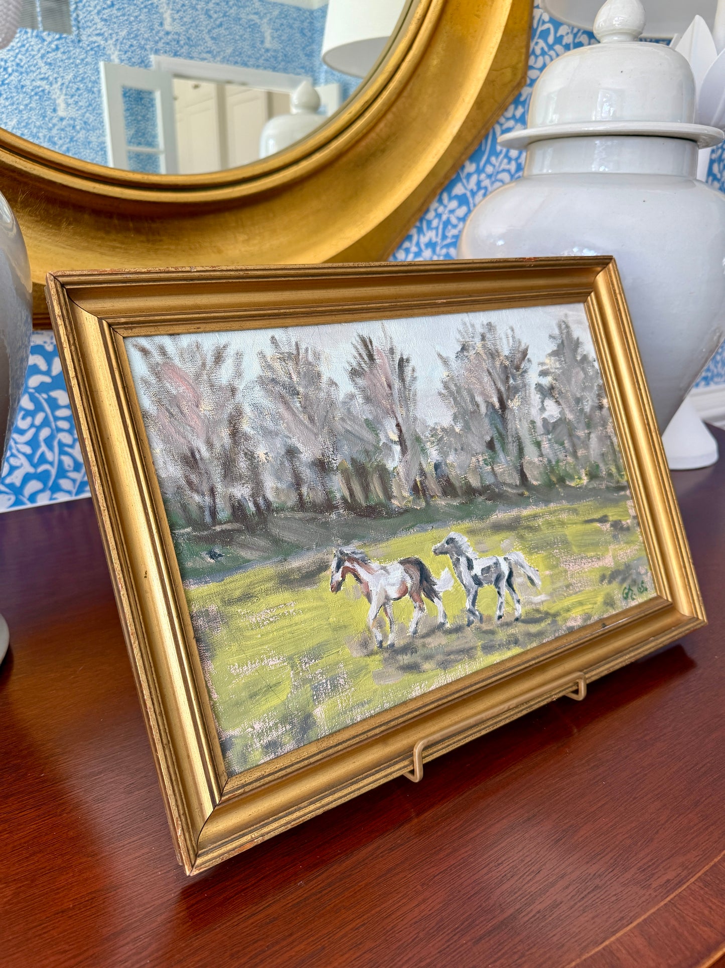 1965 Vintage Horse and Pony in Paddock Landscape Oil Painting in Gold Frame