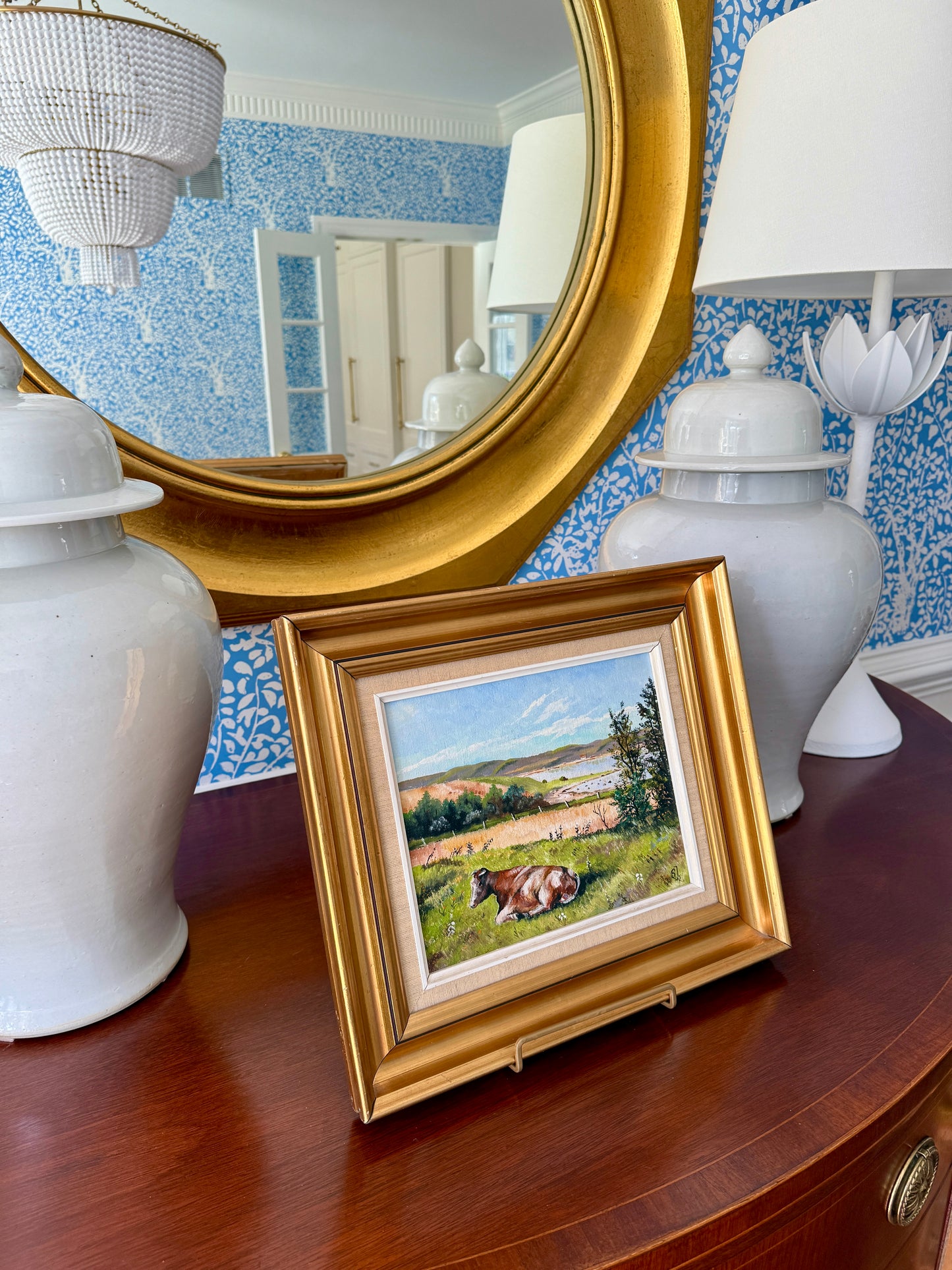 Vintage Cow in Waterside Meadow Landscape Oil Painting in Gold Frame