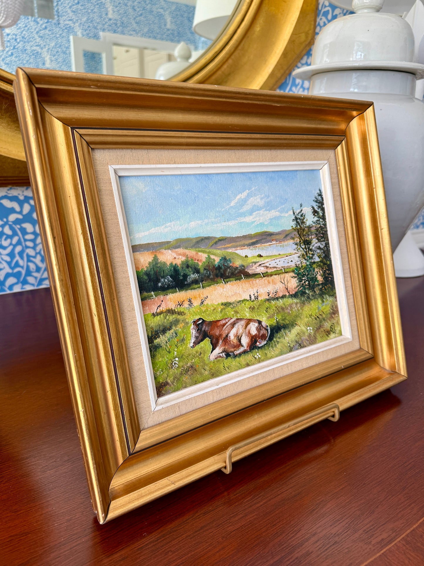 Vintage Cow in Waterside Meadow Landscape Oil Painting in Gold Frame