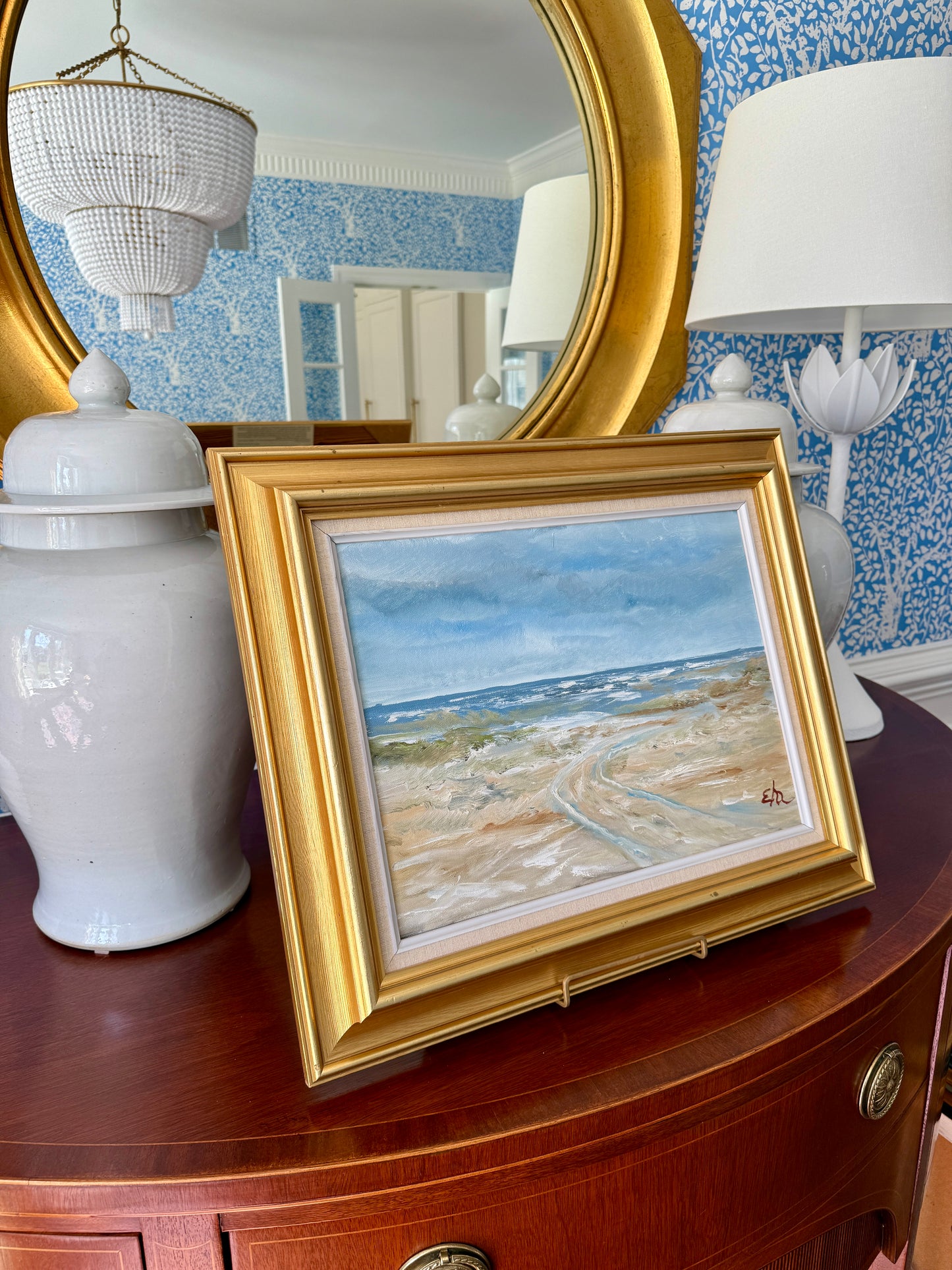 Vintage Impressionist Beach Seascape Oil Painting in Gold Frame