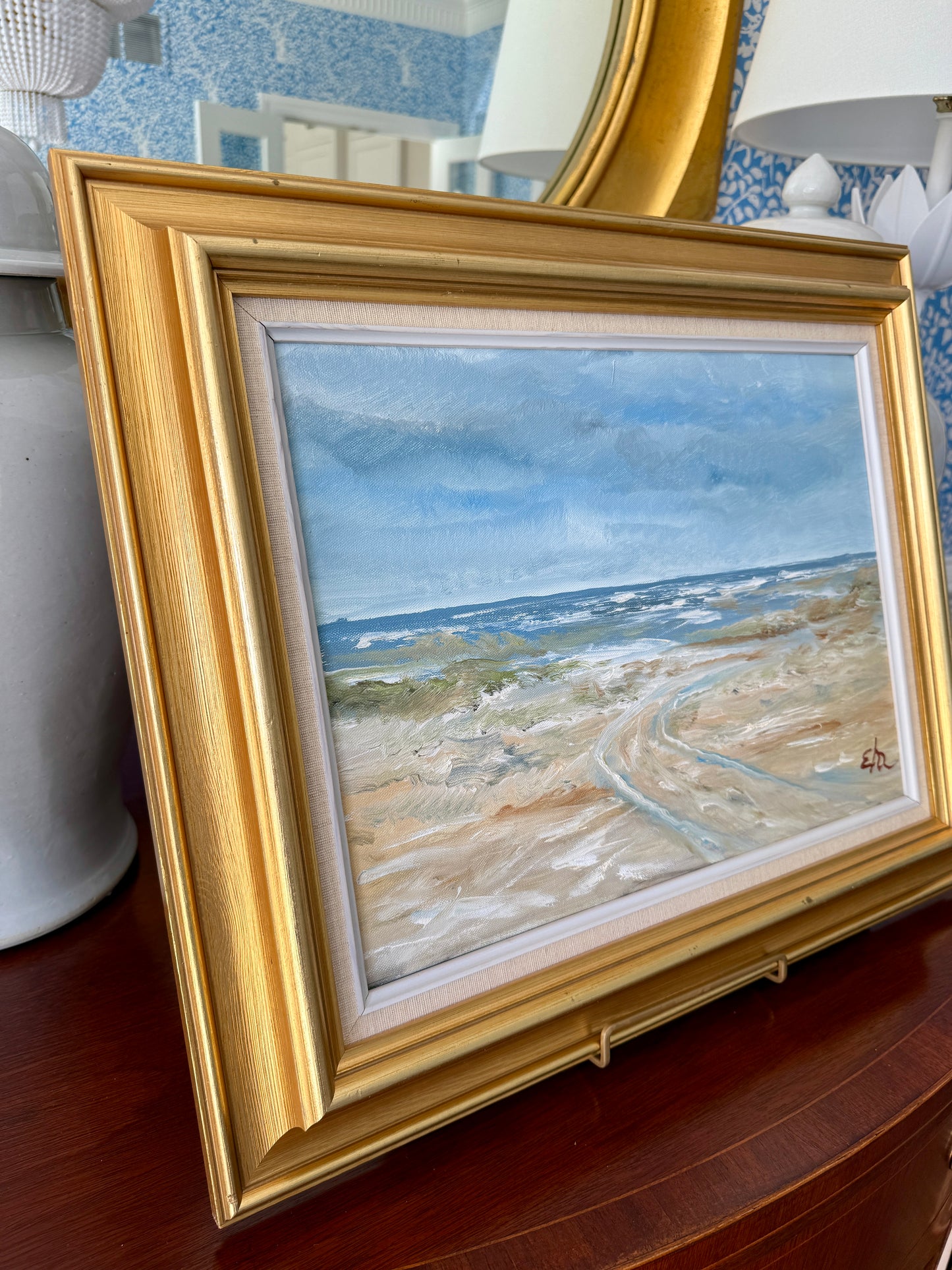 Vintage Impressionist Beach Seascape Oil Painting in Gold Frame