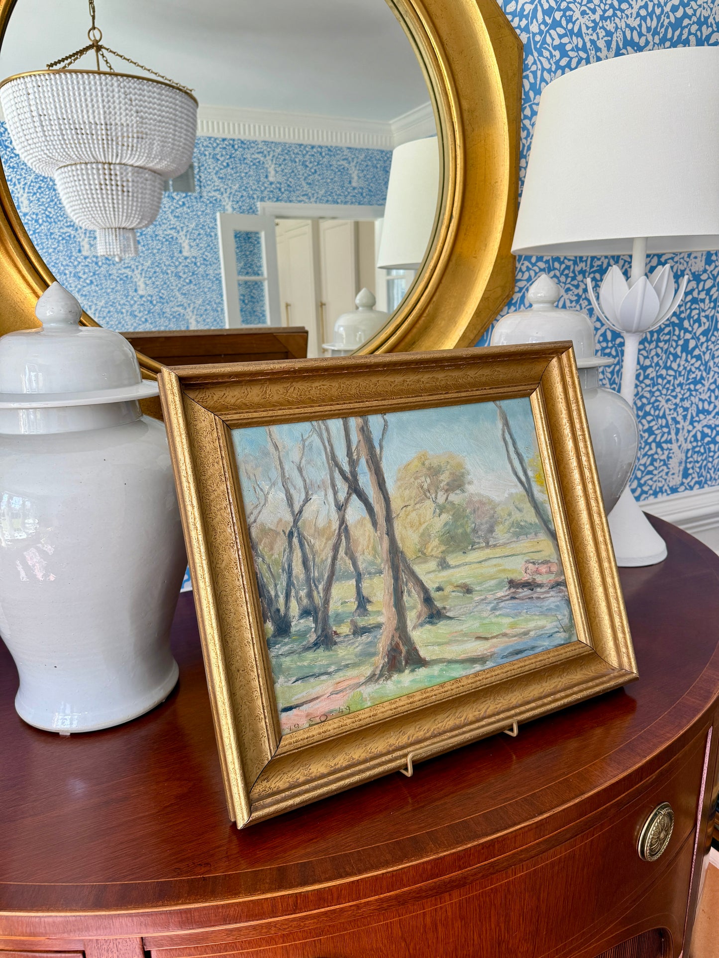 1949 Einar Olsen Impressionist Park Landscape Oil Painting in Gold Frame
