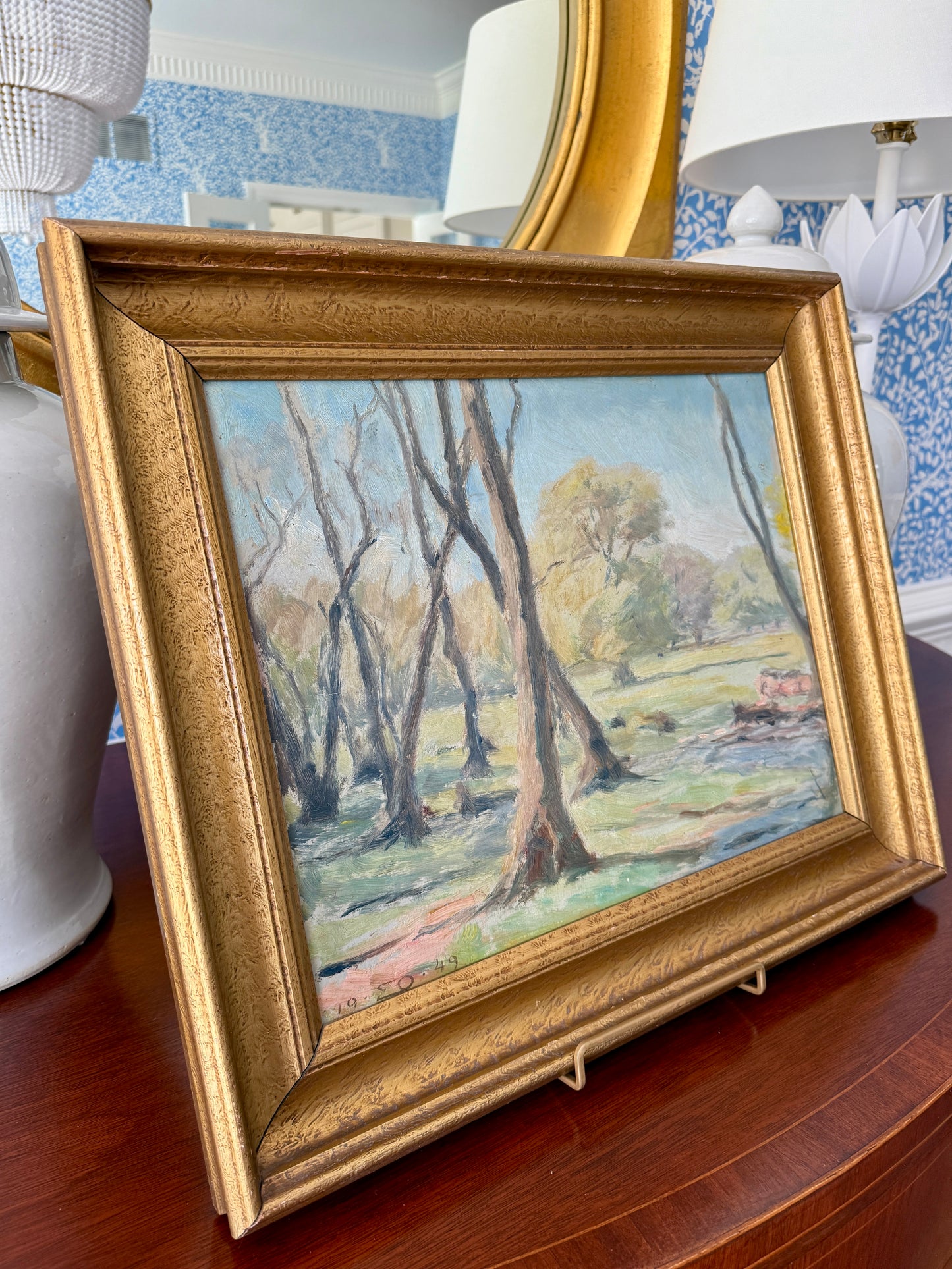 1949 Einar Olsen Impressionist Park Landscape Oil Painting in Gold Frame
