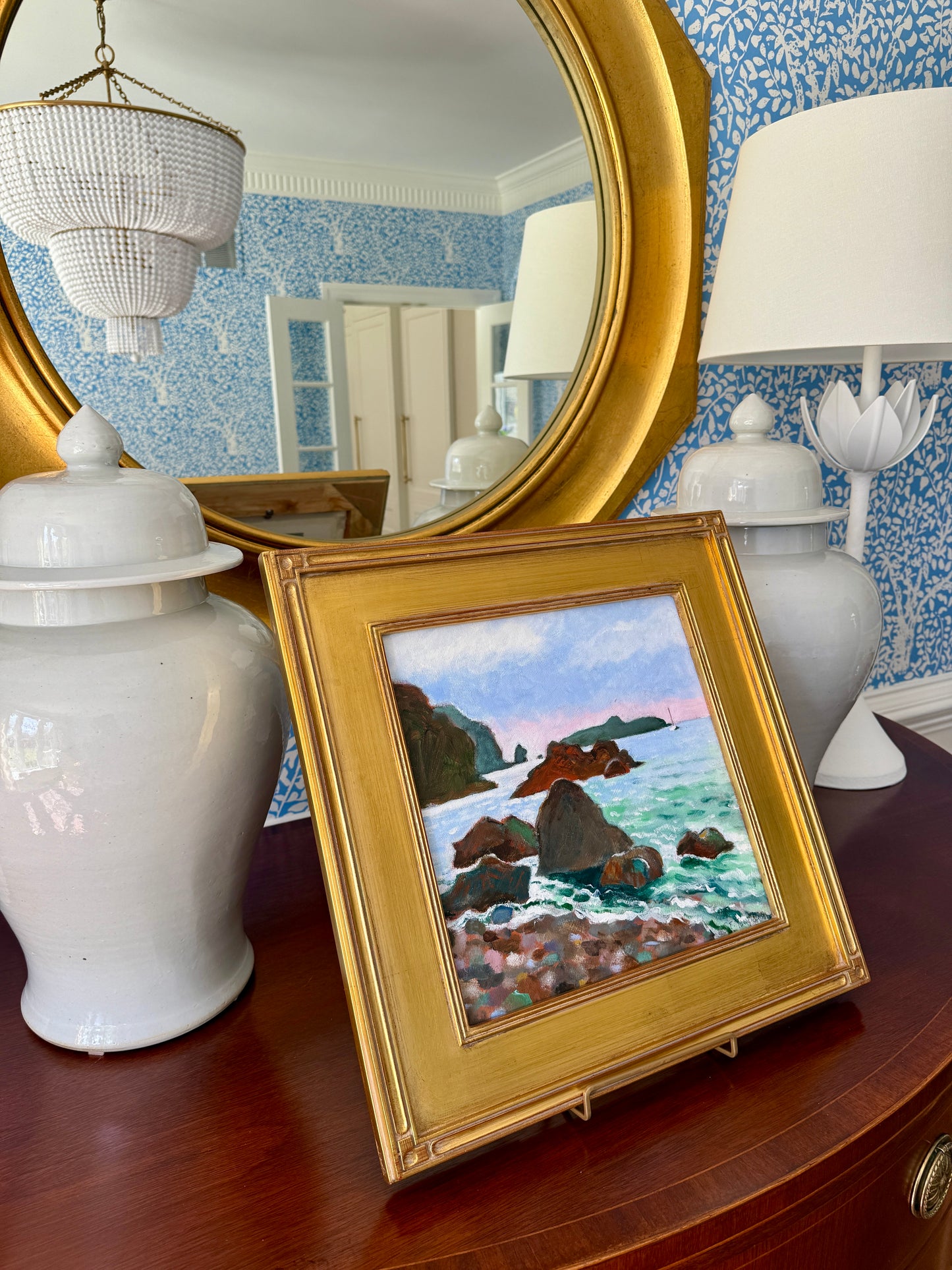 Vintage Rocky Cove Seascape with Sailboat Painting in Gold Frame