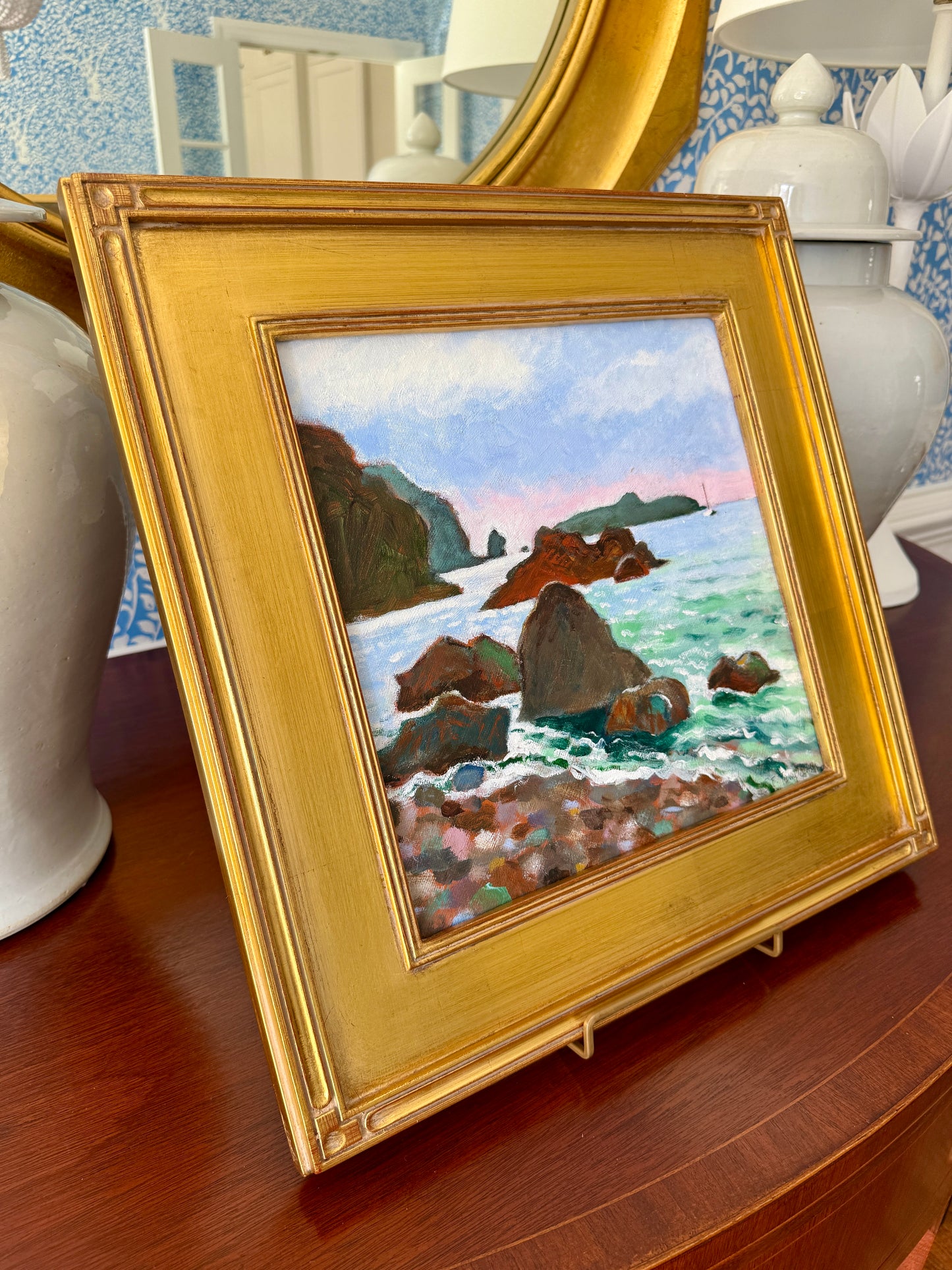 Vintage Rocky Cove Seascape with Sailboat Painting in Gold Frame