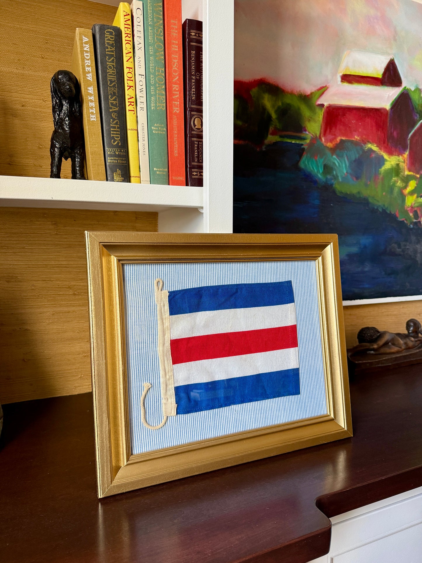 Vintage American Nautical "C" Signal Flag on Blue and White Oxford Striped Fabric in Gold Frame