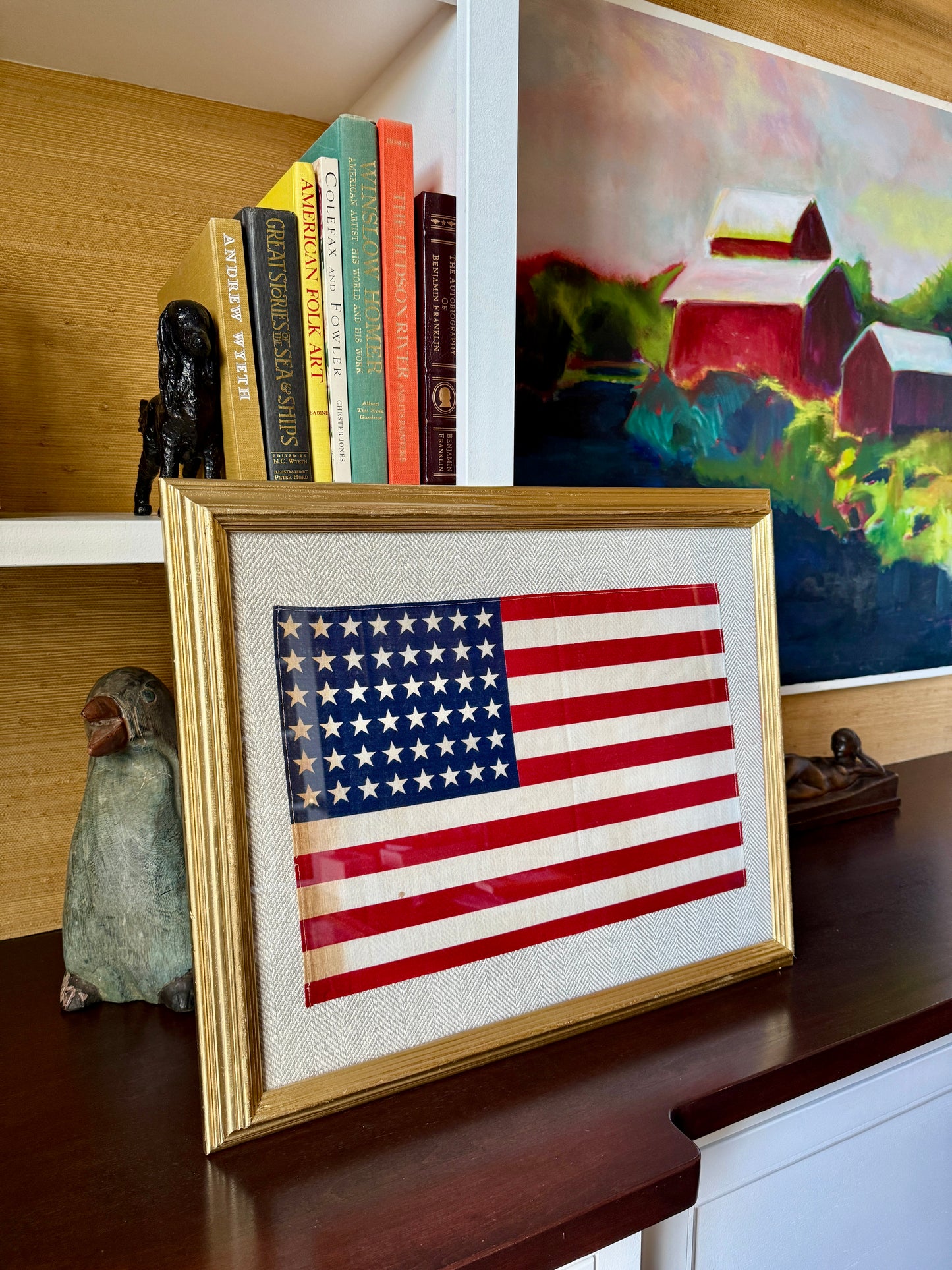 Vintage 48 Star American Flag on Tan Herringbone Fabric in Gold Frame