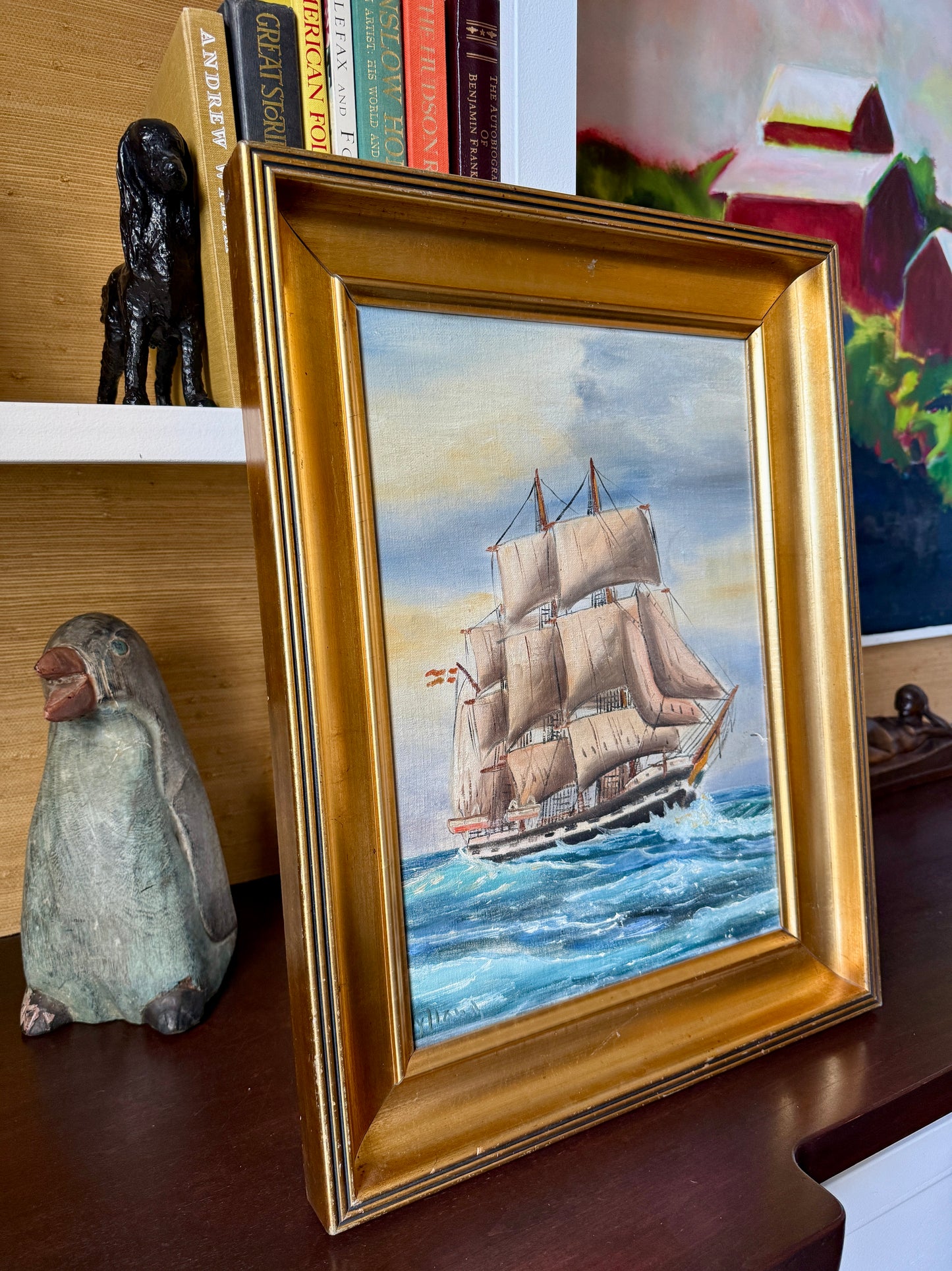 Early 20th Century Clipper Ship Seascape Portrait Oil Painting in Gold Frame