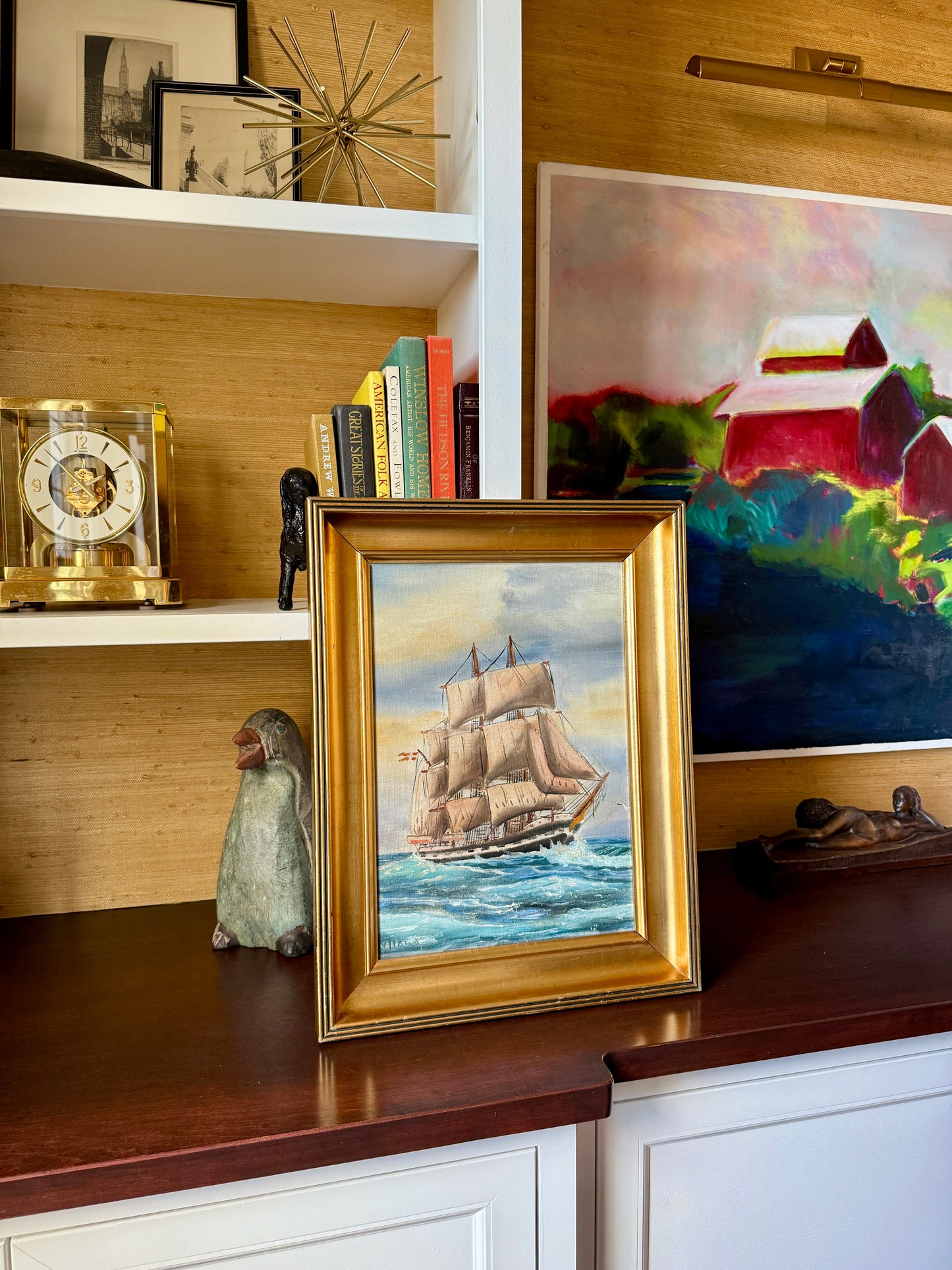 Early 20th Century Clipper Ship Seascape Portrait Oil Painting in Gold Frame