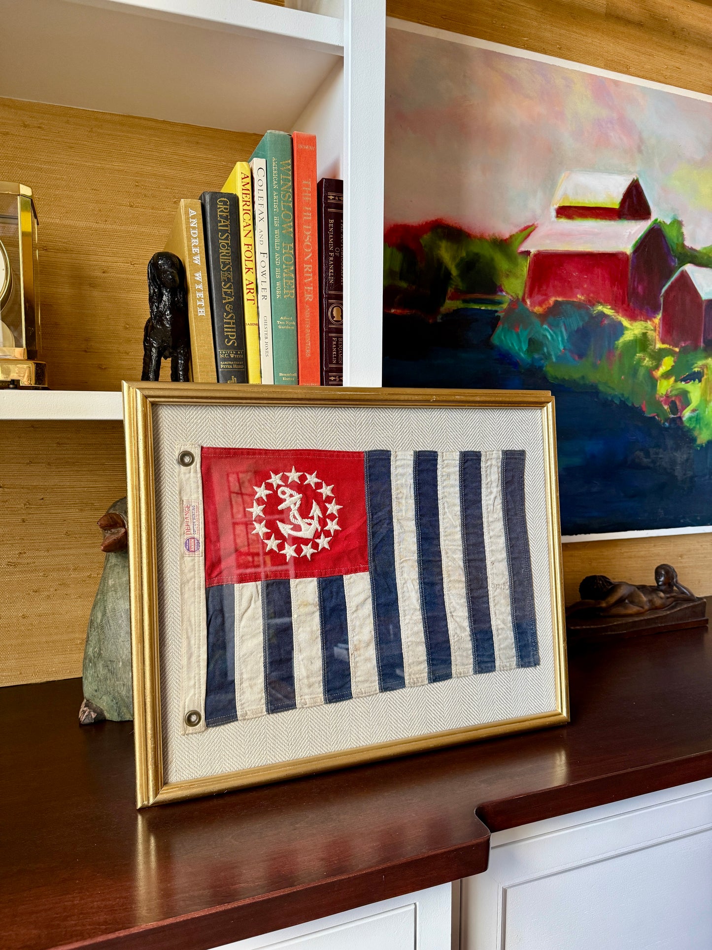 Vintage United States Power Squadron Boston Yacht Club Ensign Cotton Canvas Defiance Flag Mounted on Tan Herringbone in Gold Frame