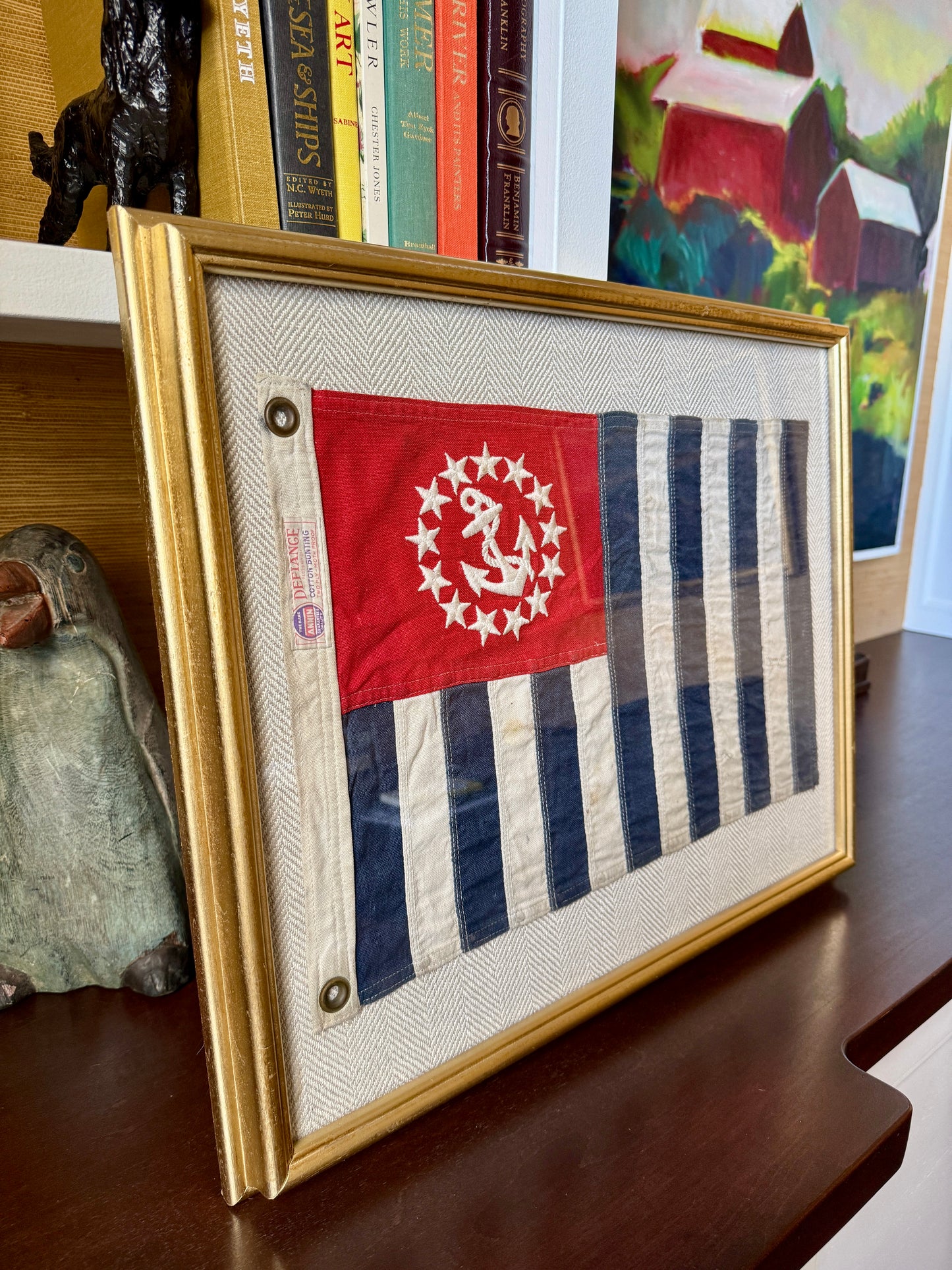 Vintage United States Power Squadron Boston Yacht Club Ensign Cotton Canvas Defiance Flag Mounted on Tan Herringbone in Gold Frame