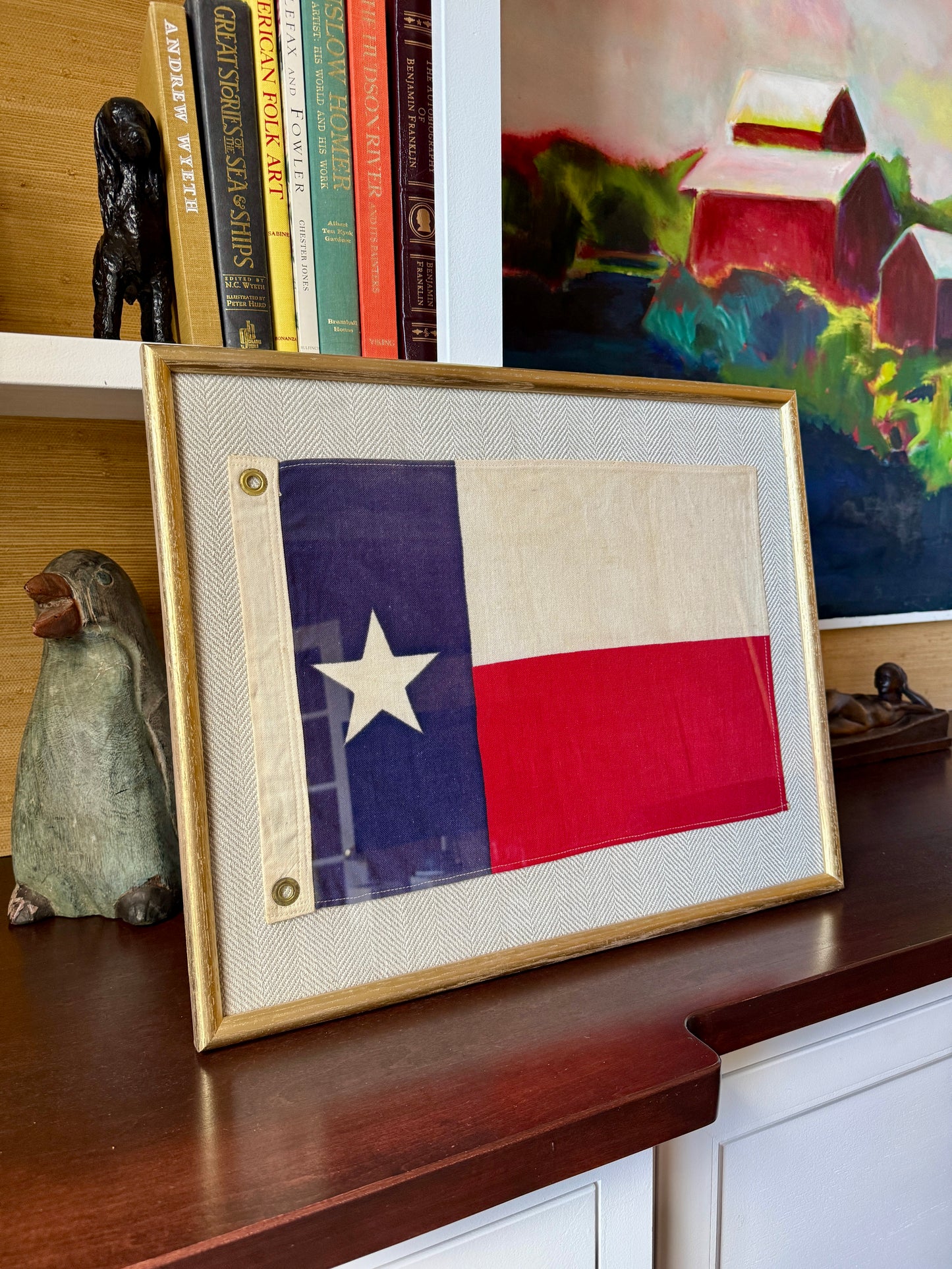 Vintage Lone Star Texas State Flag on Tan Herringbone Fabric in Gold Frame