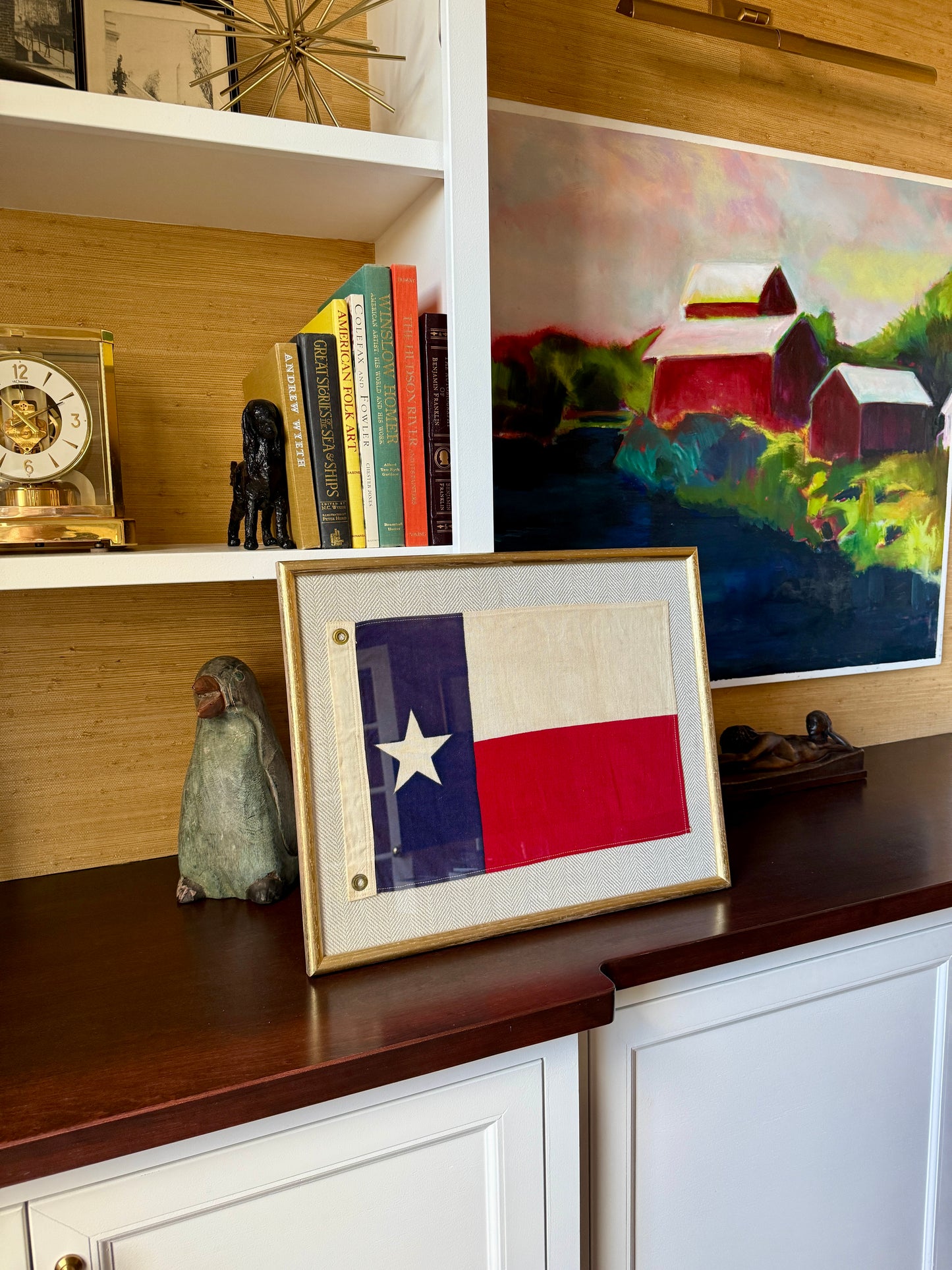 Vintage Lone Star Texas State Flag on Tan Herringbone Fabric in Gold Frame
