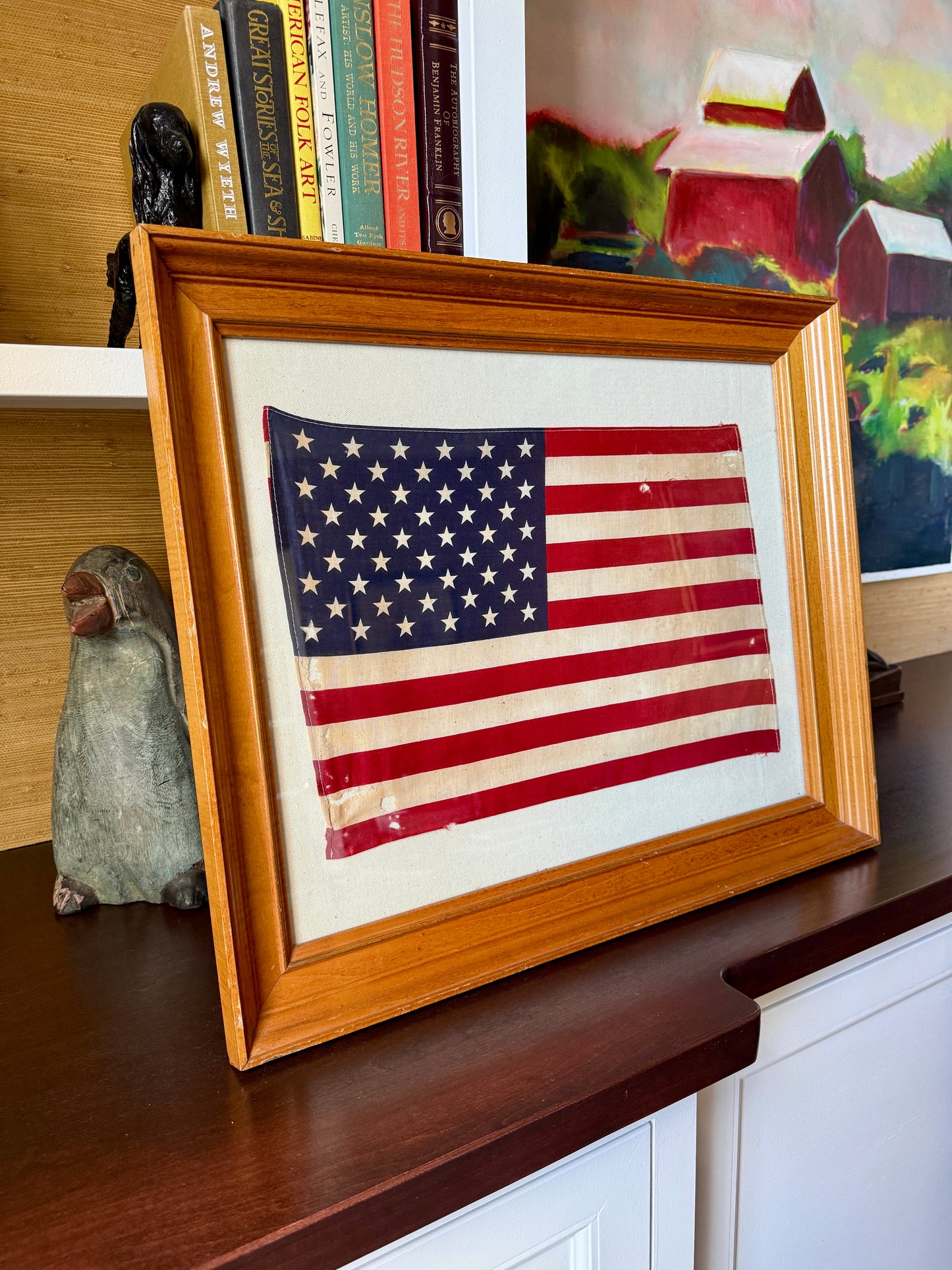 Vintage 50 Star American Flag on Duck Cloth in Maple Wood Frame