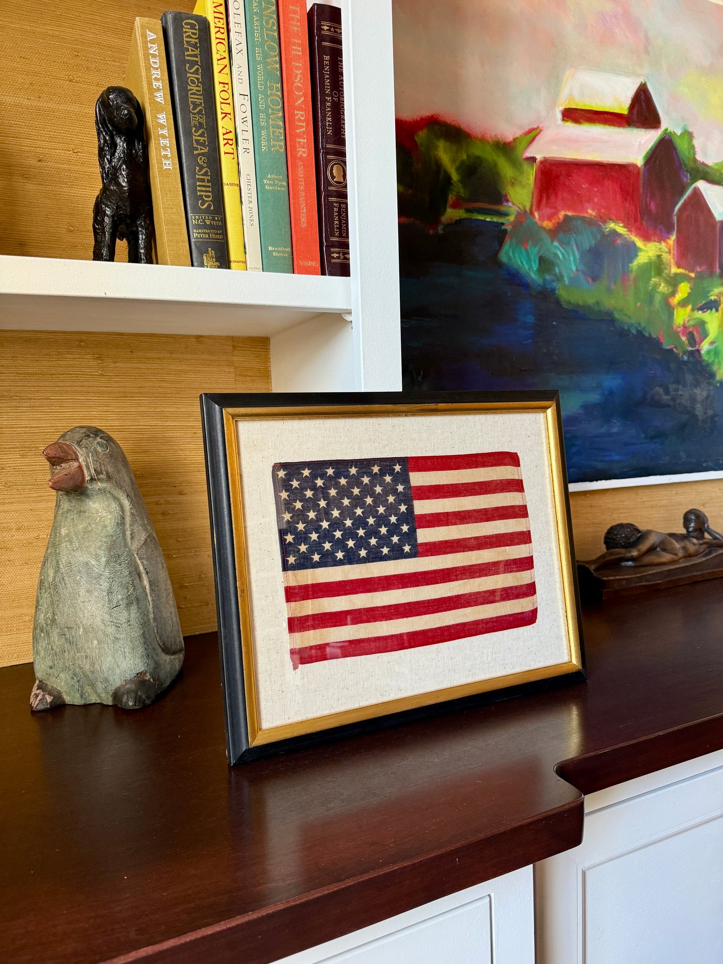 Vintage 50 Star American Flag on Duck Cloth in Black and Gold Frame