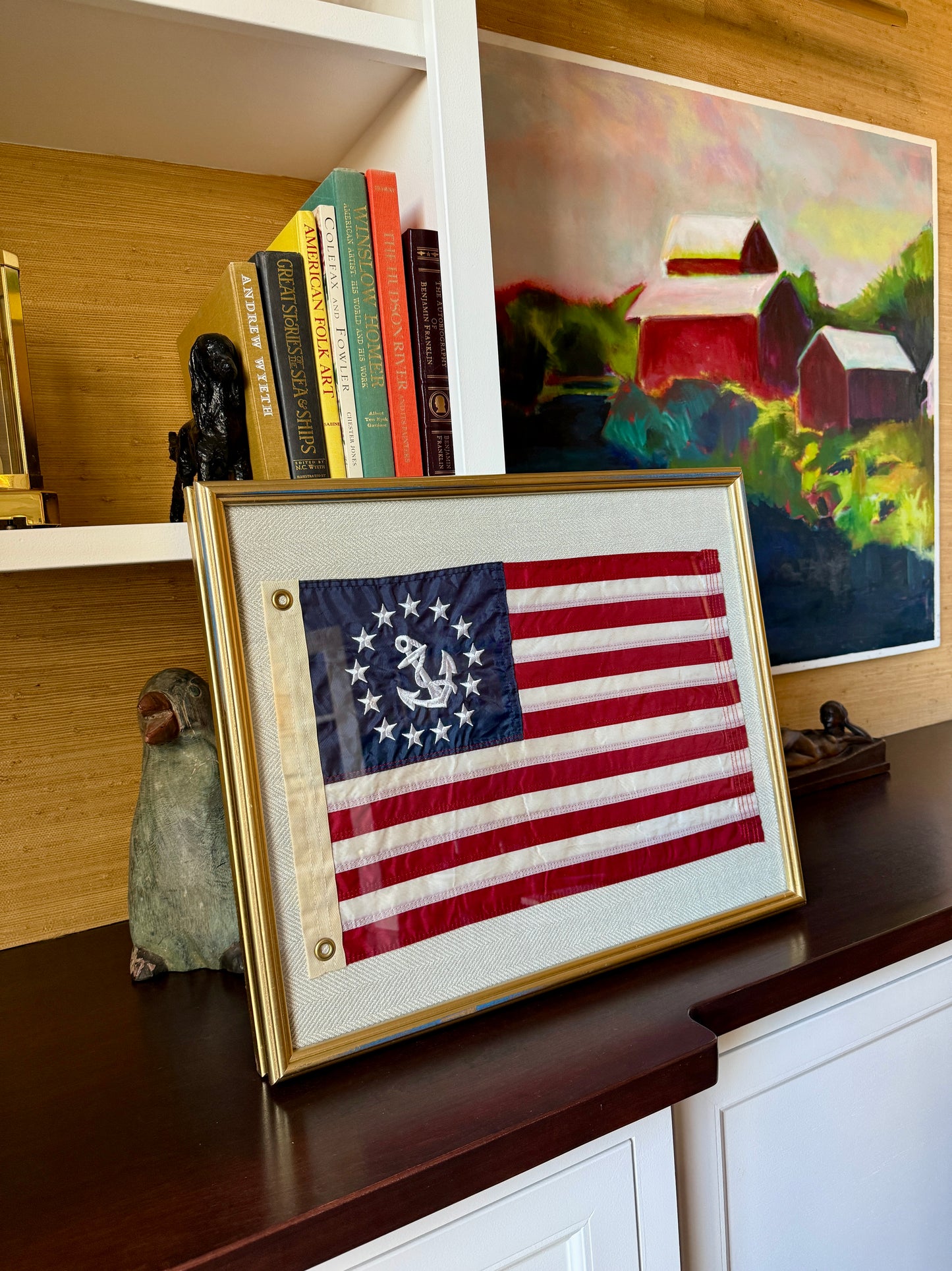 Vintage American Yacht Ensign Flag on Tan Herringbone Fabric in Gold Frame