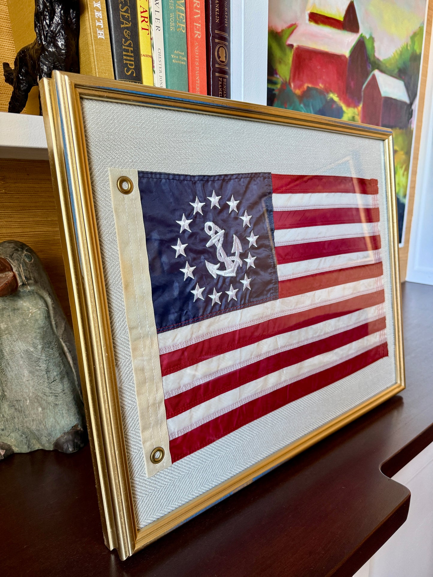 Vintage American Yacht Ensign Flag on Tan Herringbone Fabric in Gold Frame